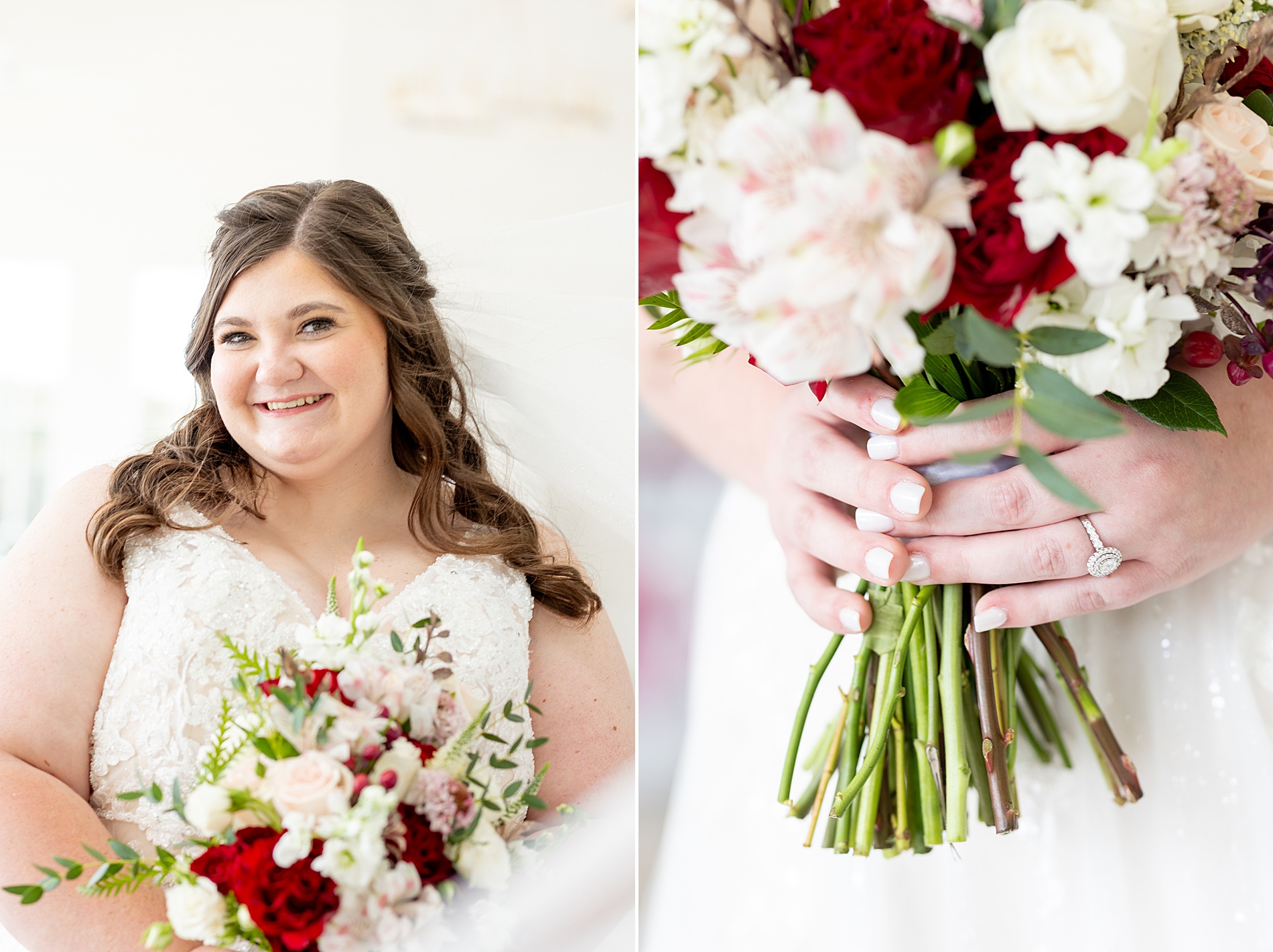 bride holding romantic white, red, and dusty pink bouquet 