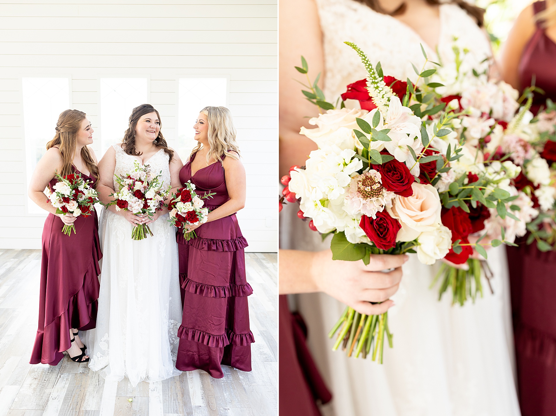 bride and bridesmaids in red dress holding romantic bouquet 