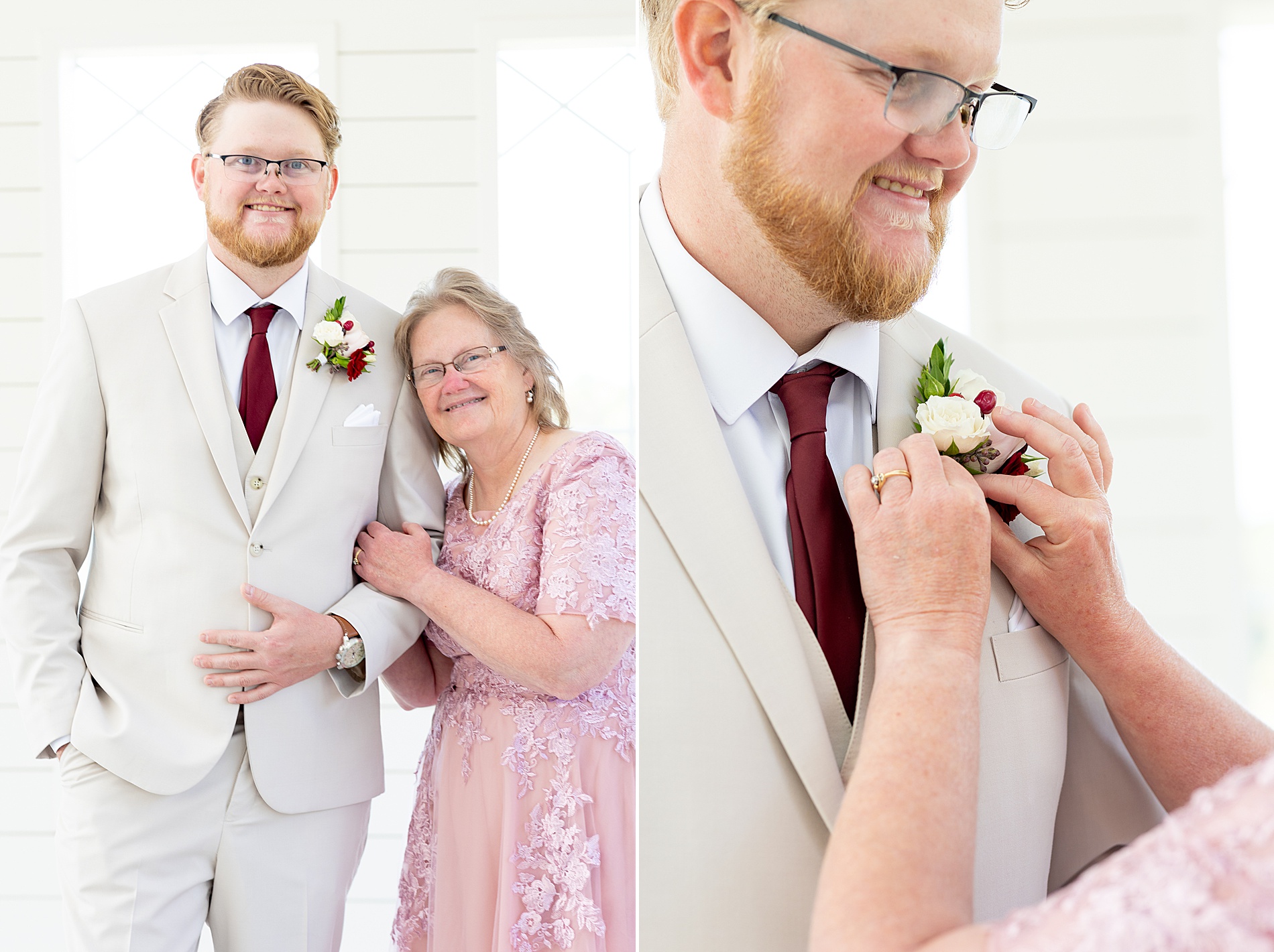 mother pins boutonniere on groom