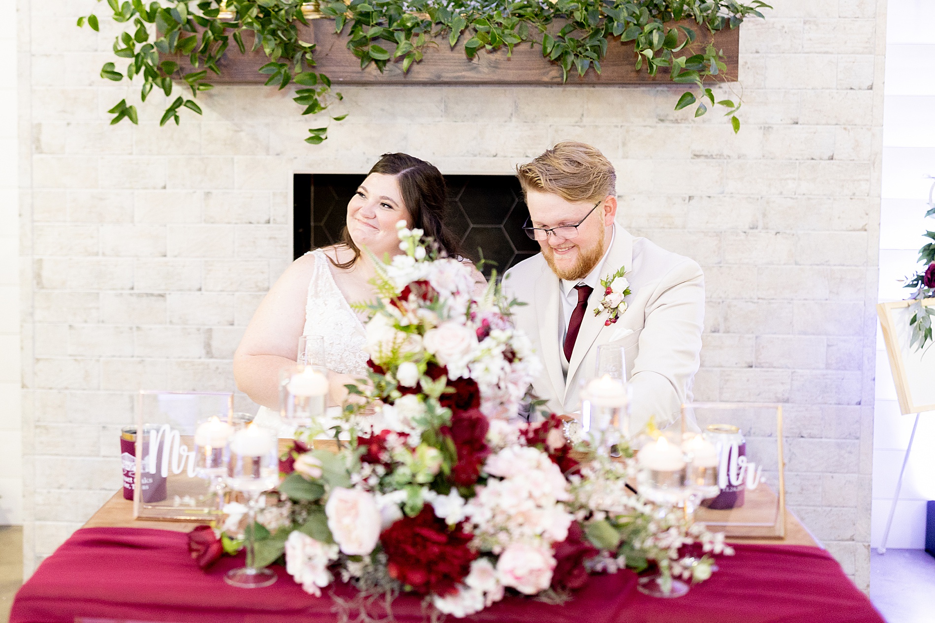 bride and groom during wedding toasts 