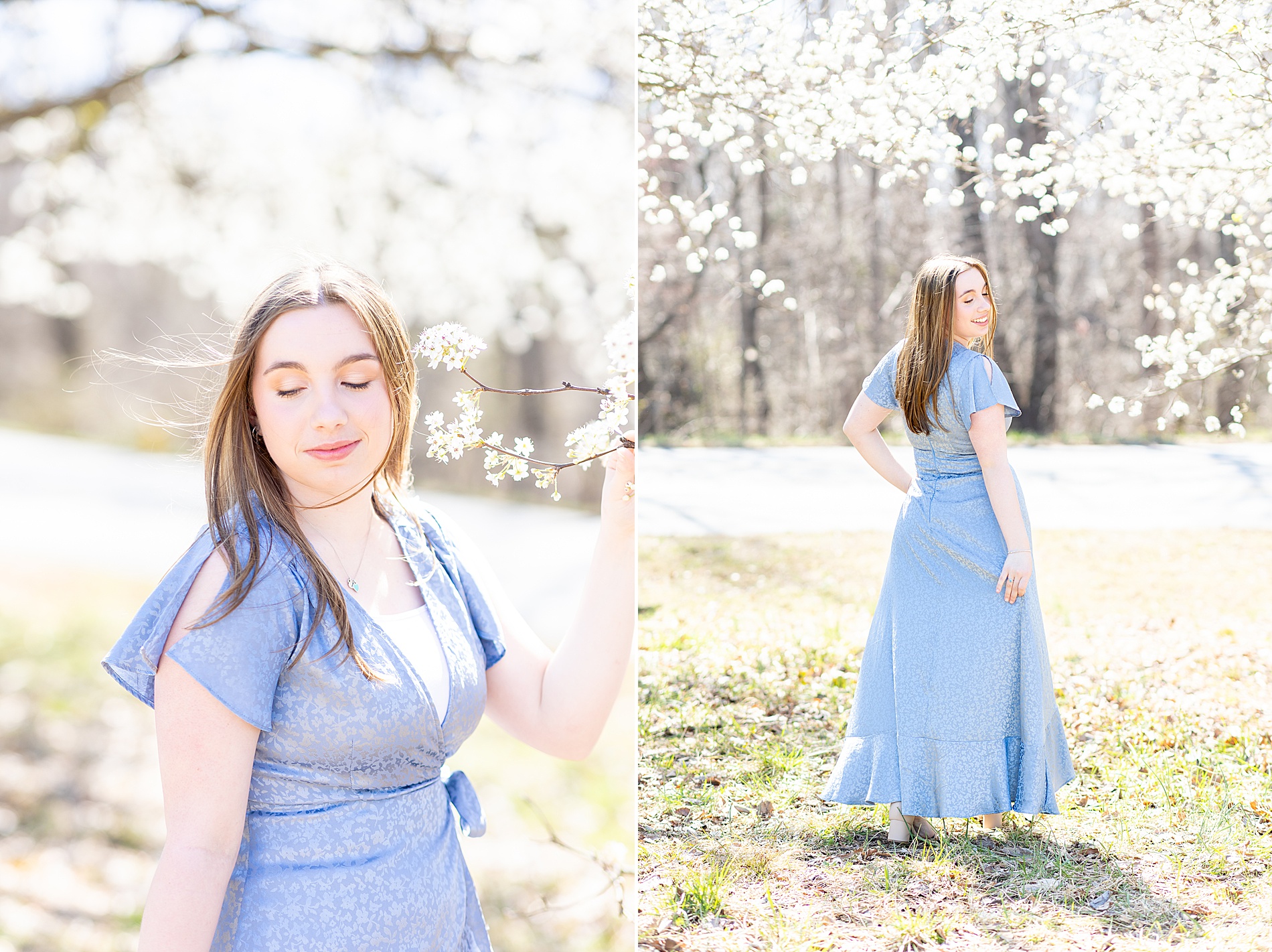 senior girl by blossoming Cherry tree