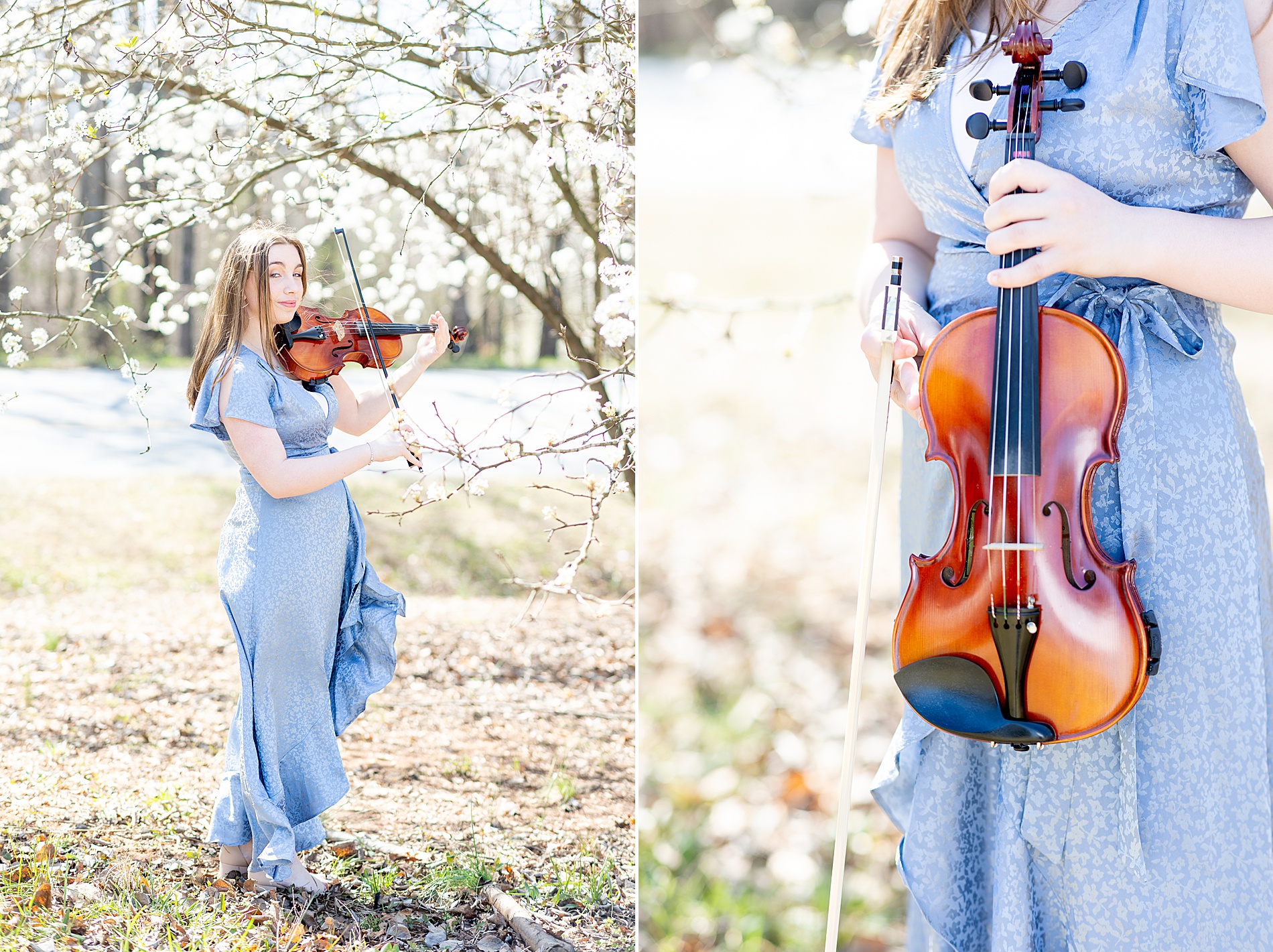 senior plays the violin during her Dreamy Spring Senior Session at BridgeWay Station in Mauldin, South Carolina