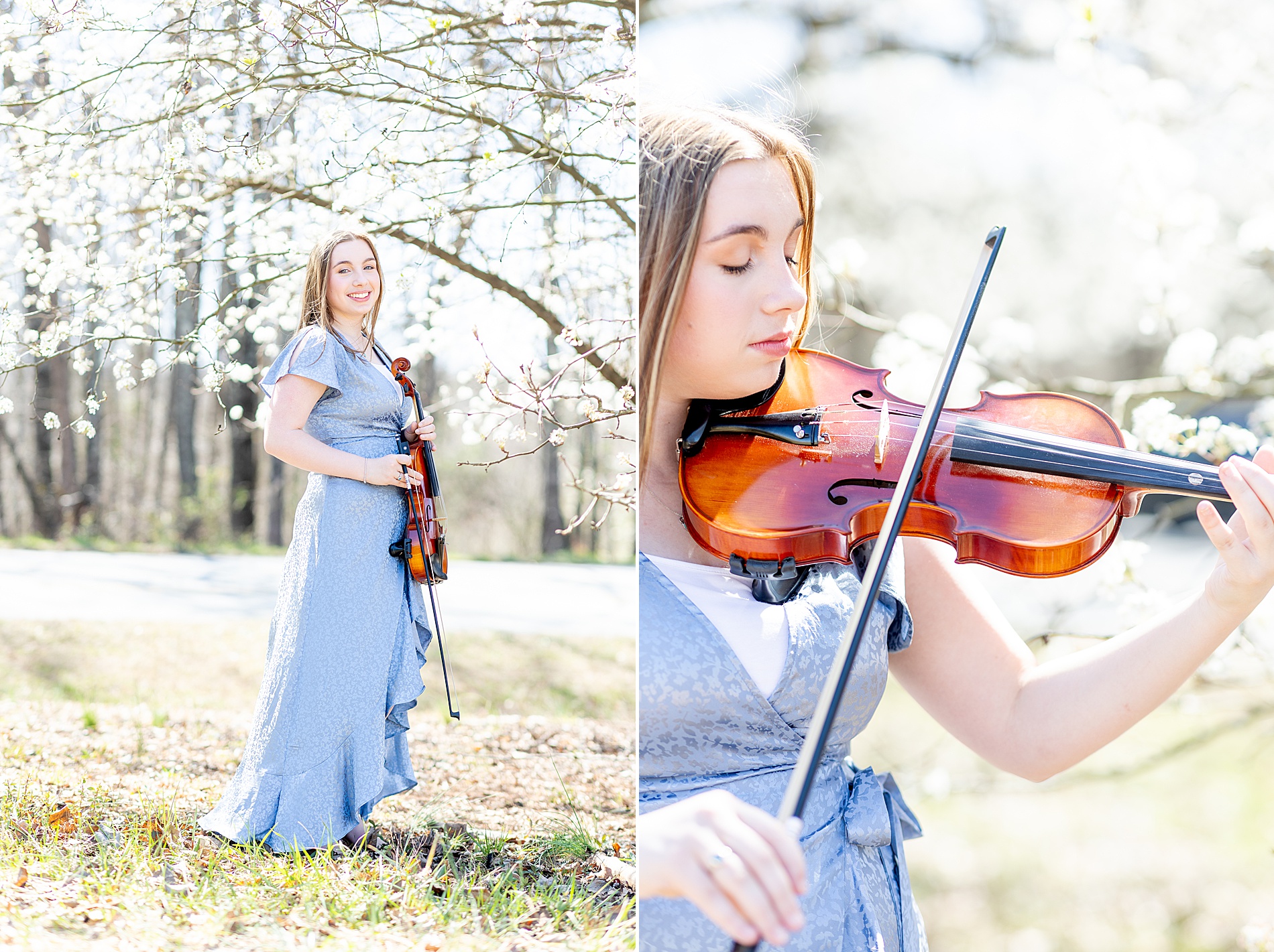 South Carolina Dreamy Spring Senior Session of girl playing violin