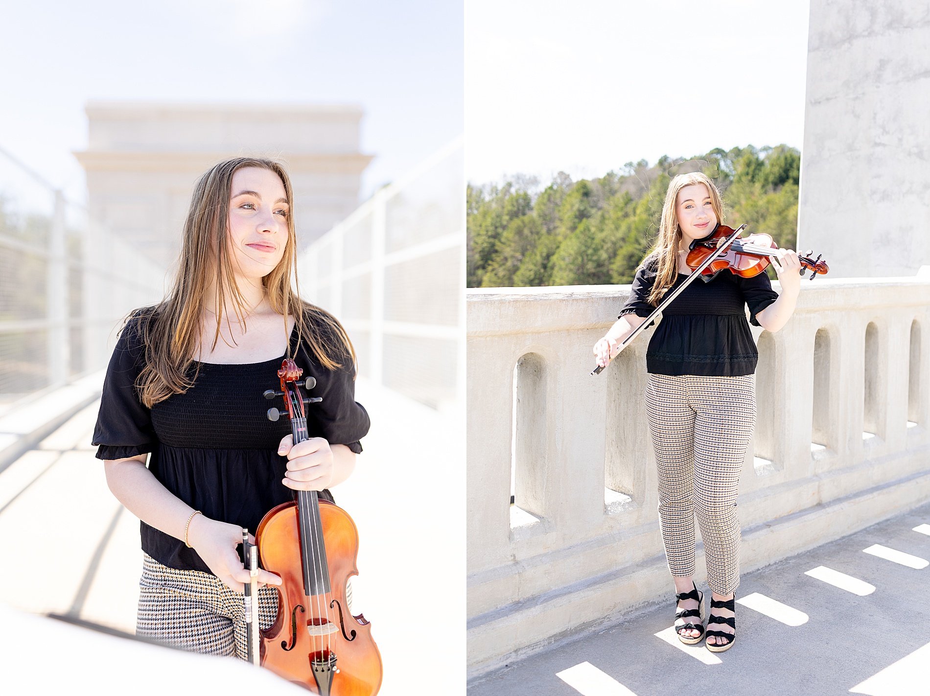 senior girl holds her violin while on white bride