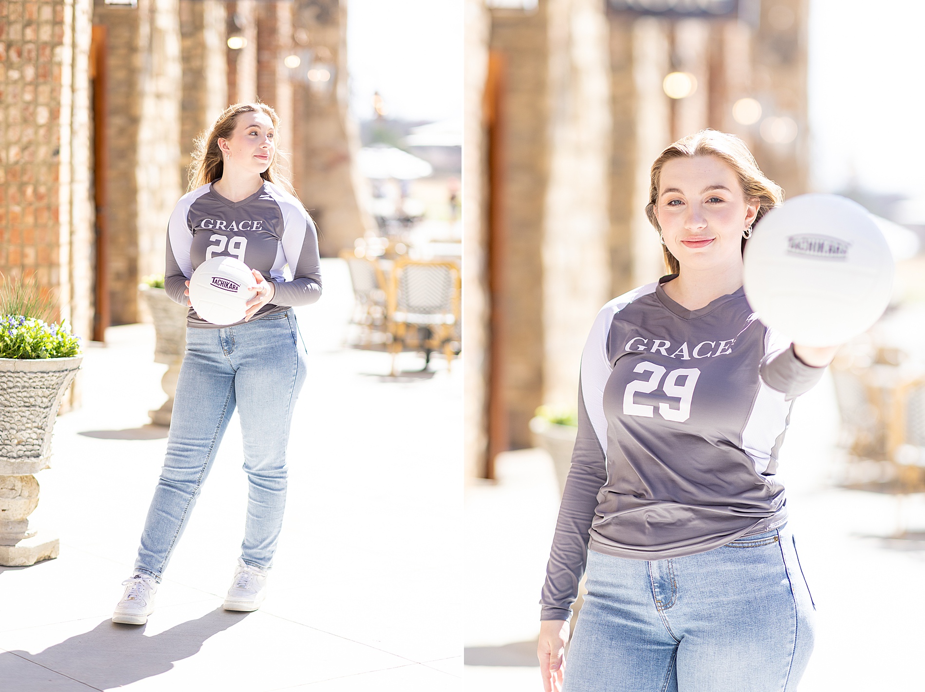 senior girl in school shirt holds volleyball to showcase her favorite sport
