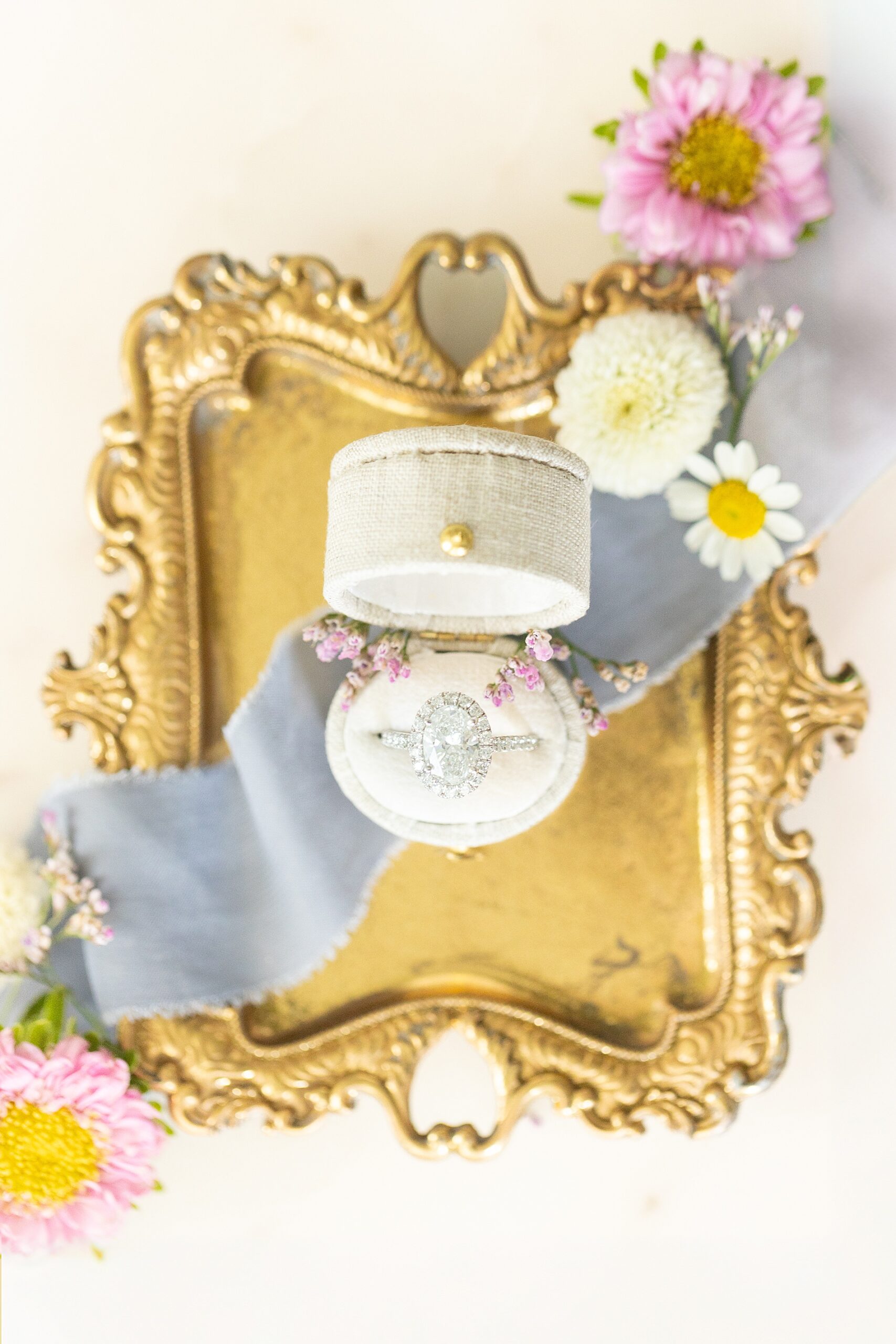 ring in ring box on gold plate
