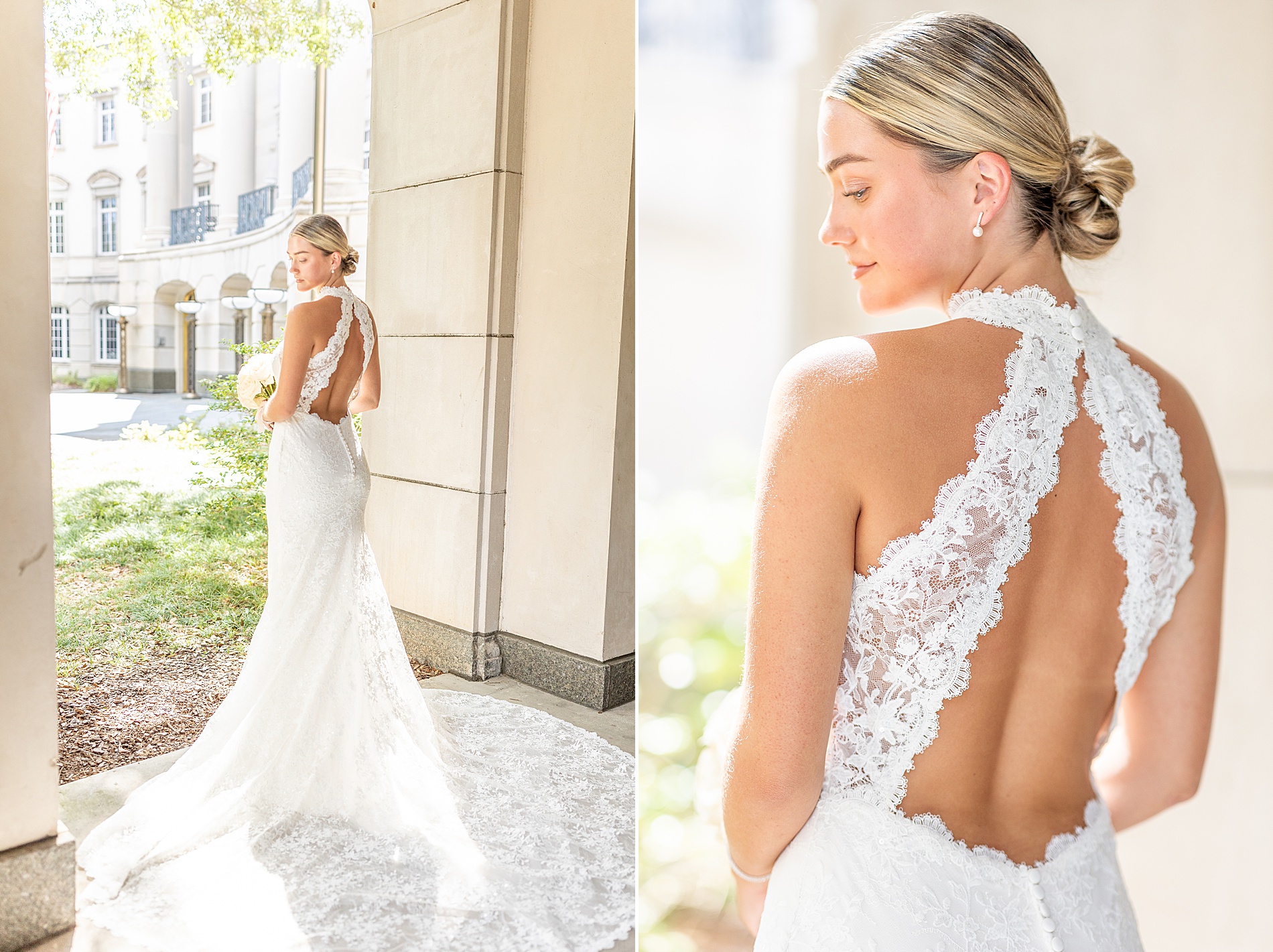 back of bride's wedding dress and train with lace details