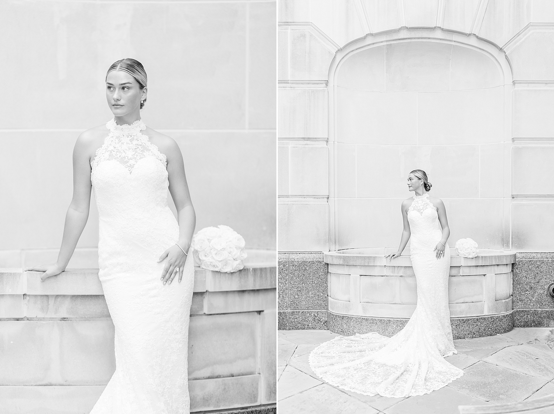 bride leans against stone architecture