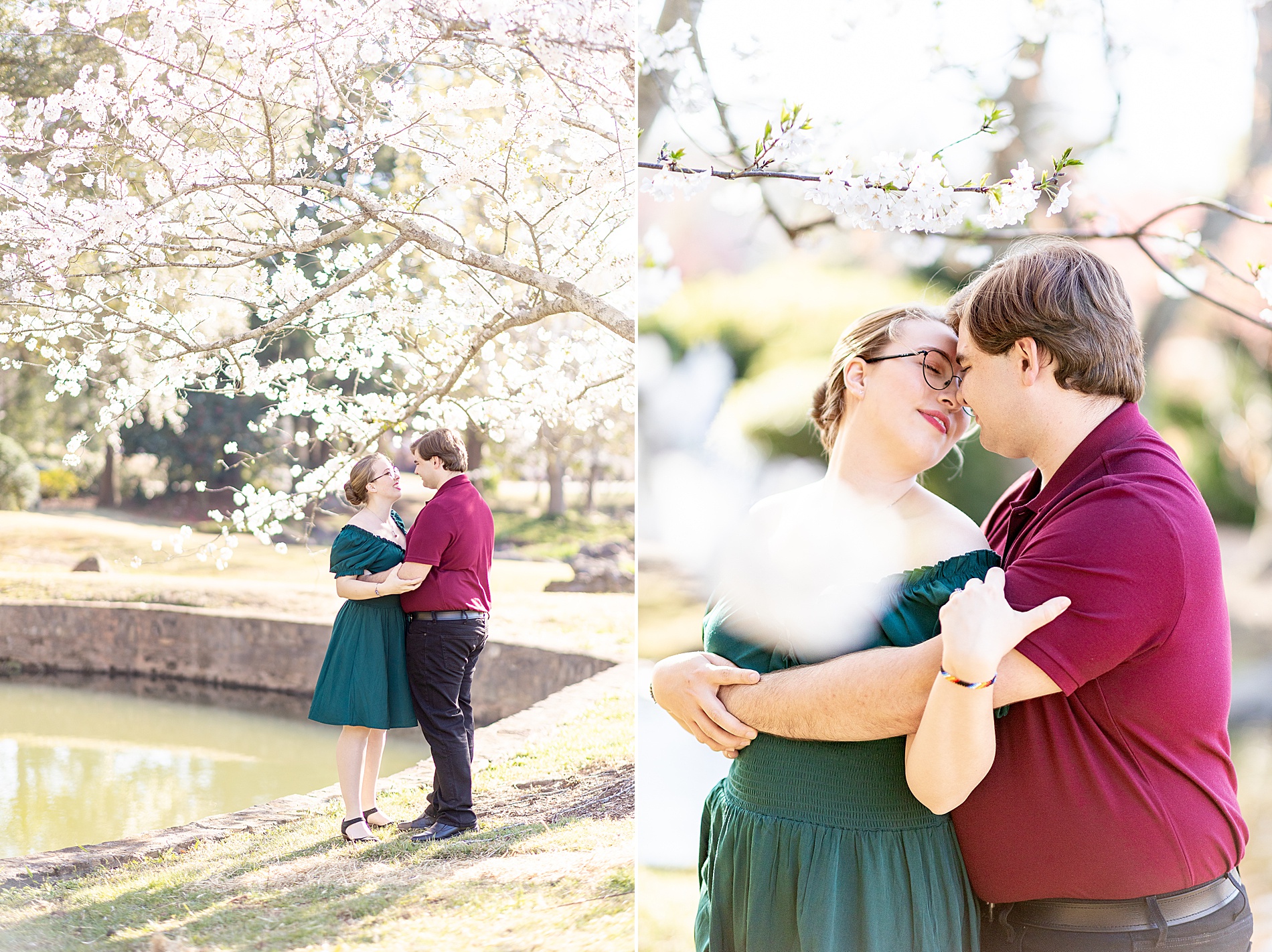 engaged couple kiss under blooming tree