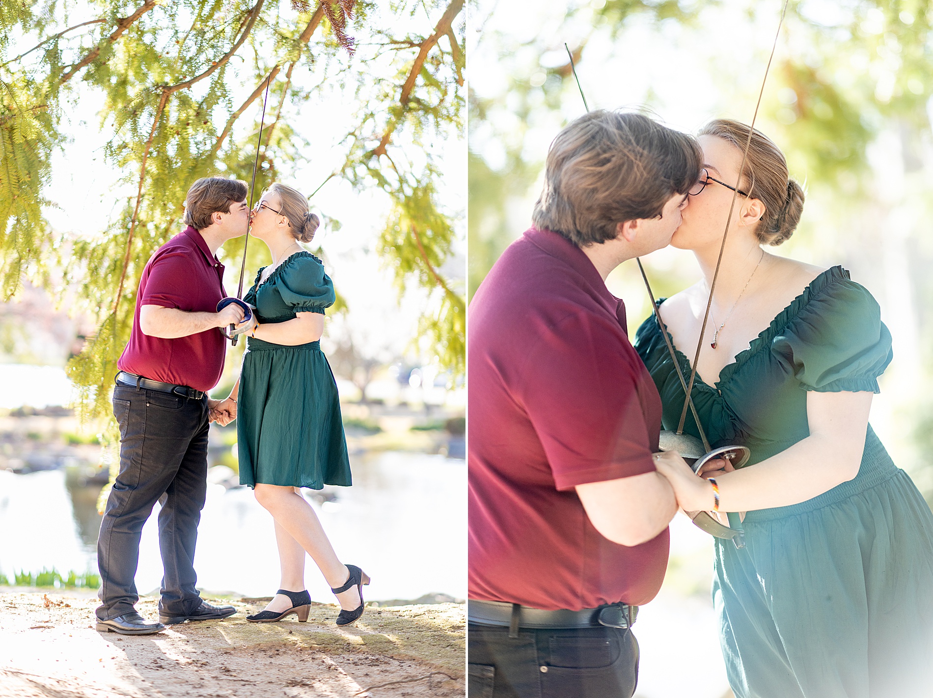 couple kiss holding fencing swords