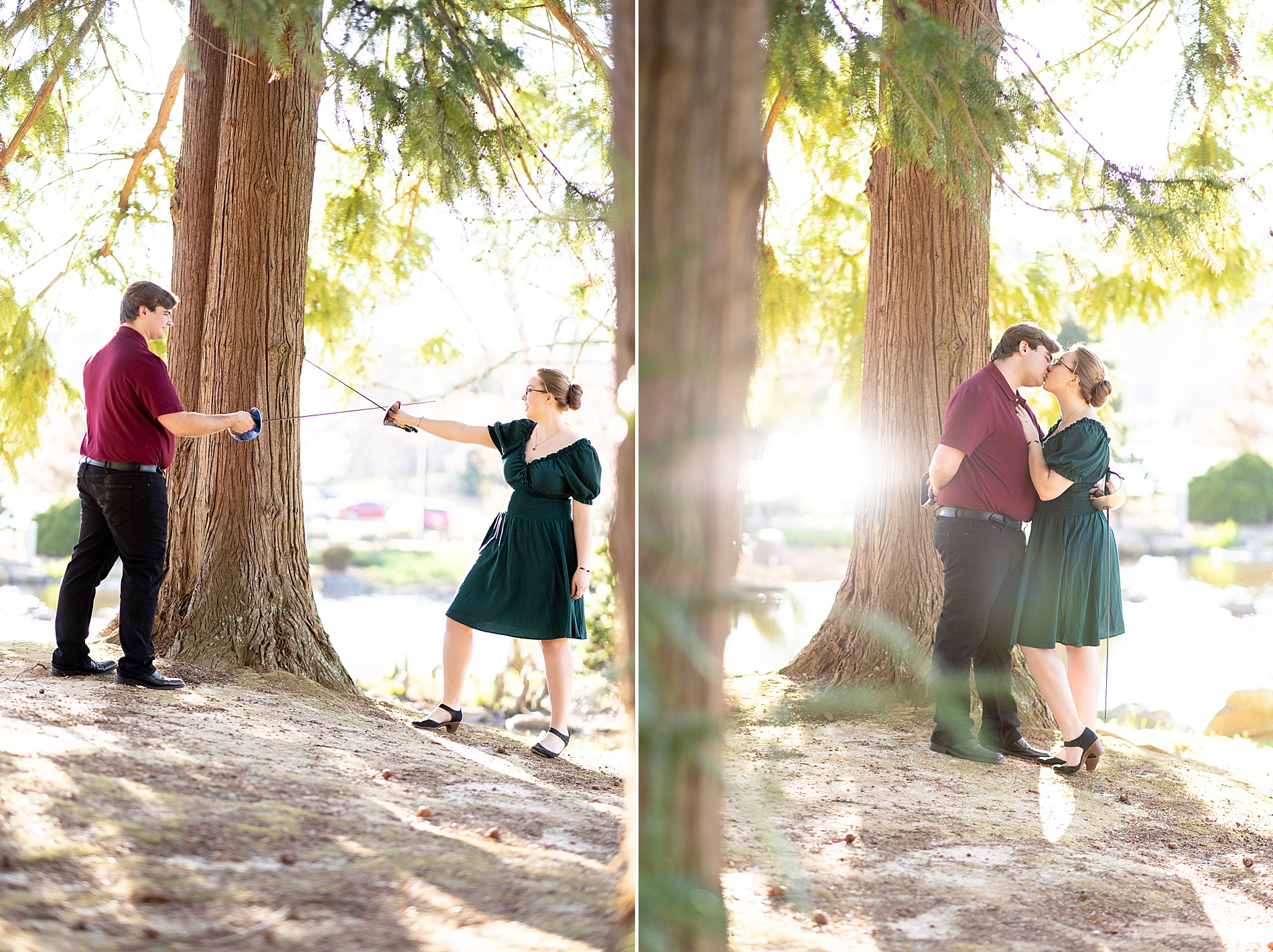 couple hold fencing swords during adventurous engagement session