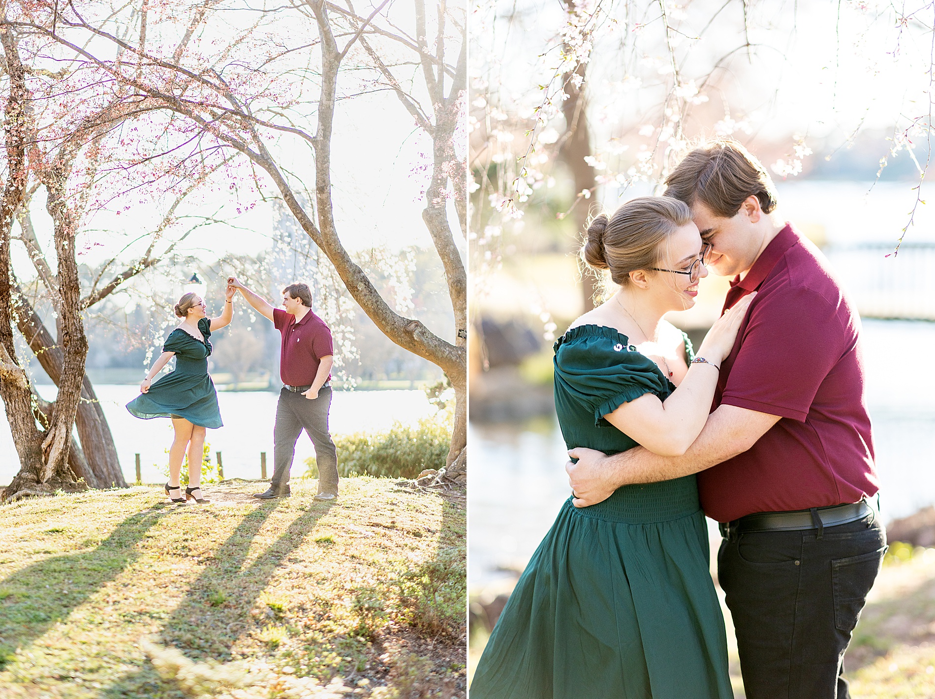 couple dance under pink cherry blossom tree