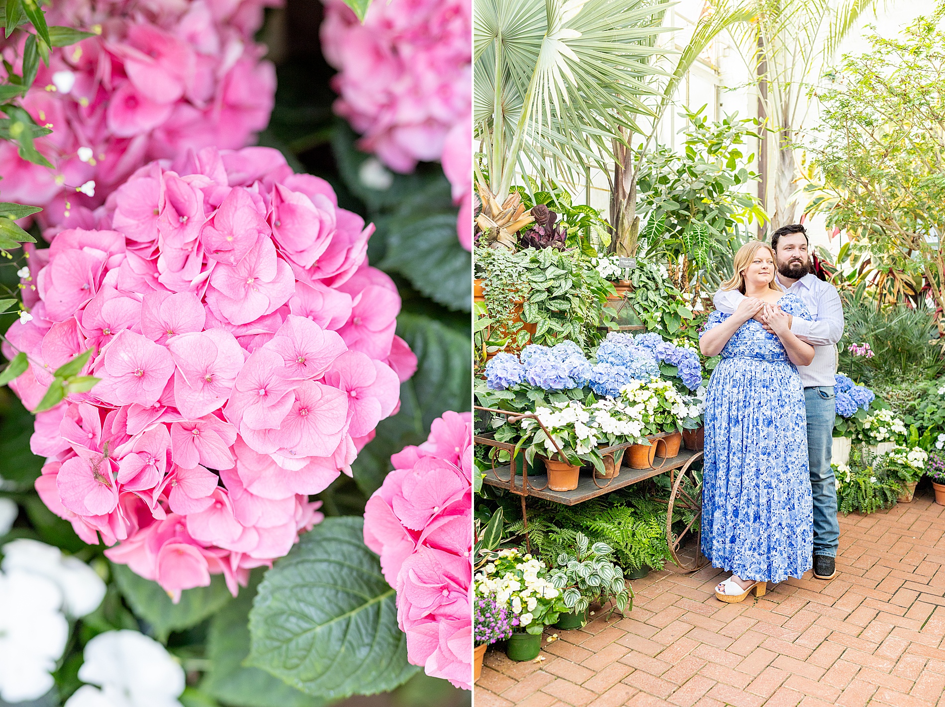 couple by hydrangeas and other flowers during spring engagement