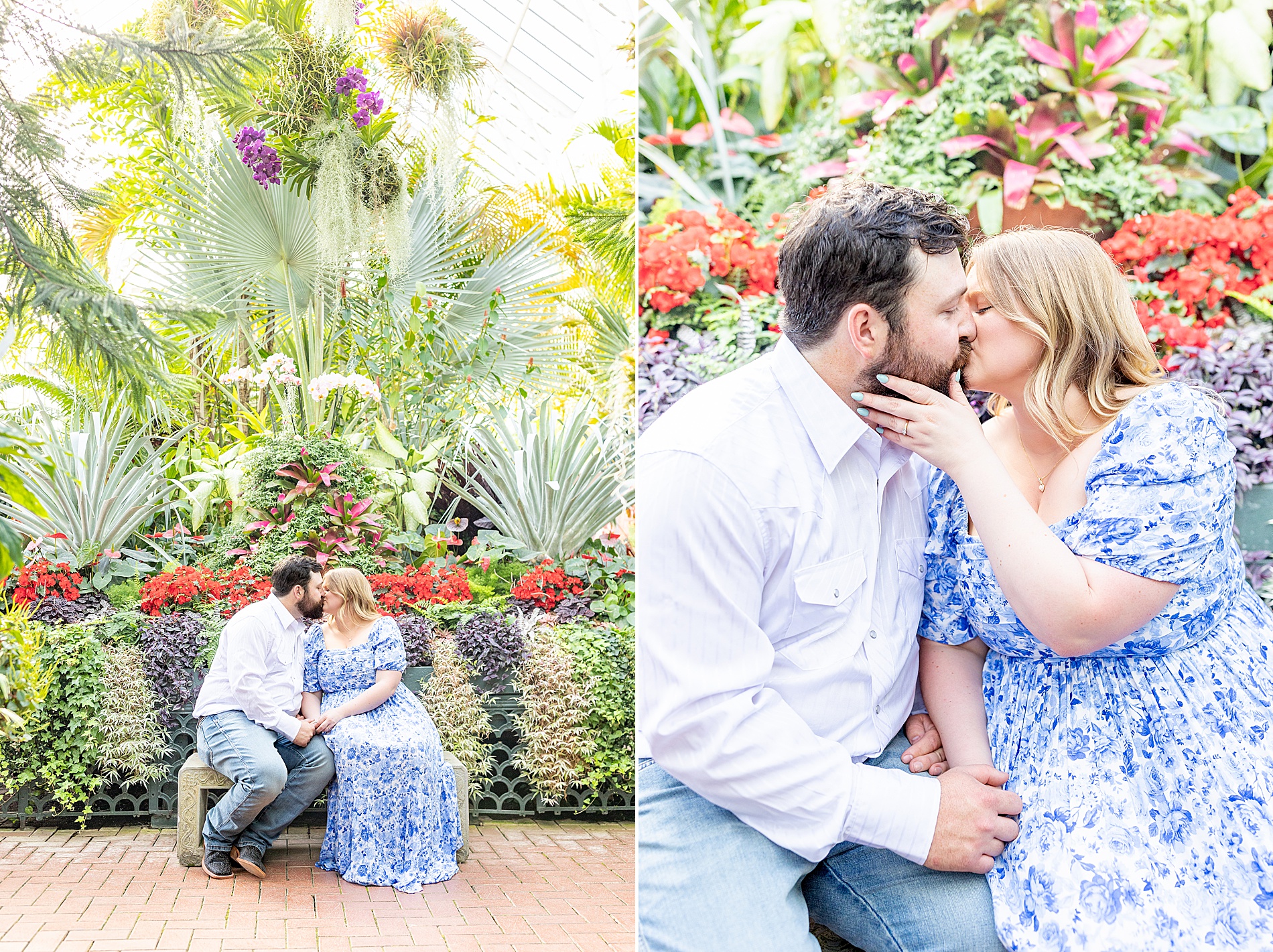 couple kiss inside greenhouse