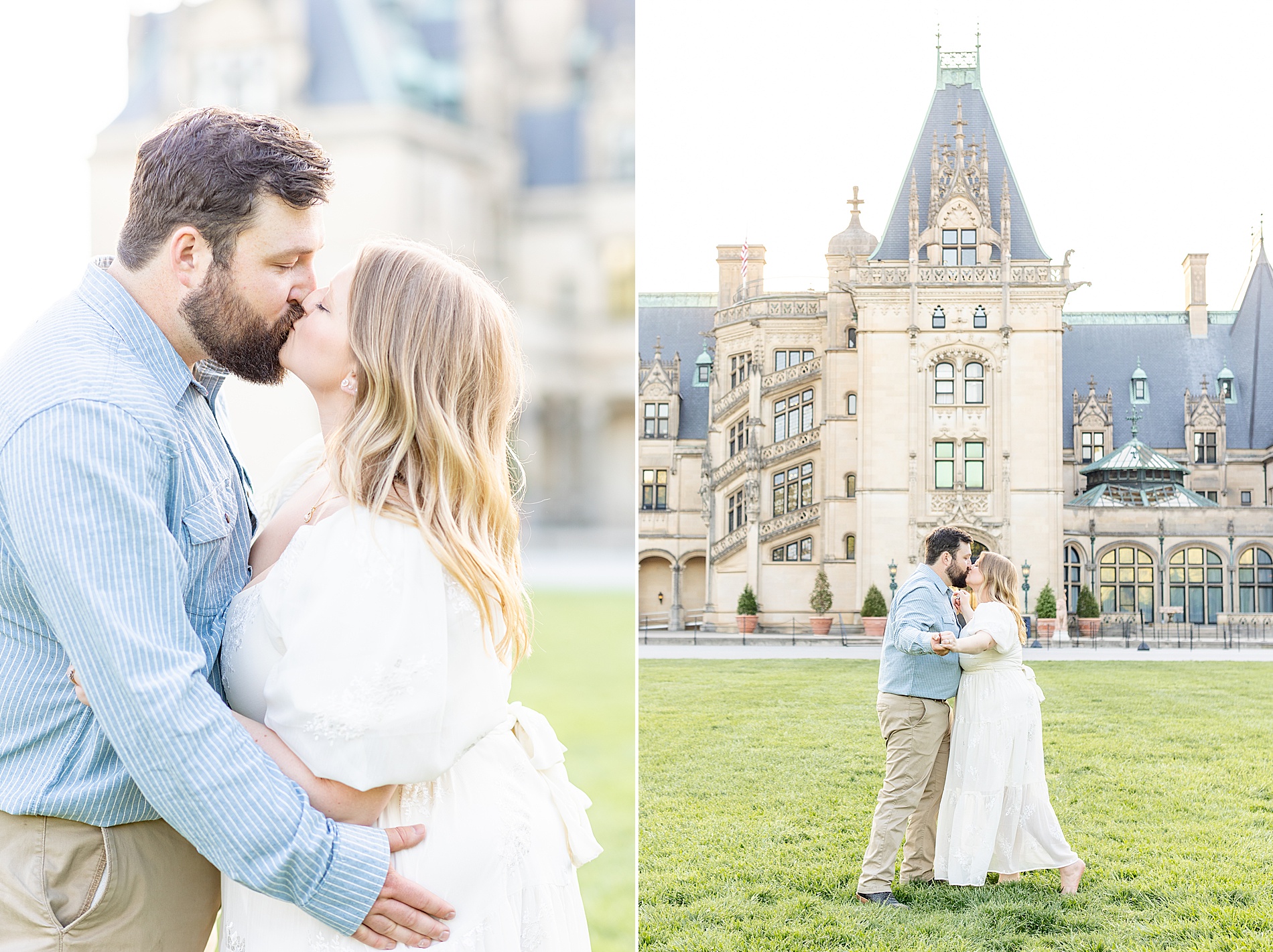 couple kiss in front of Biltmore Estate in Asheville, NC