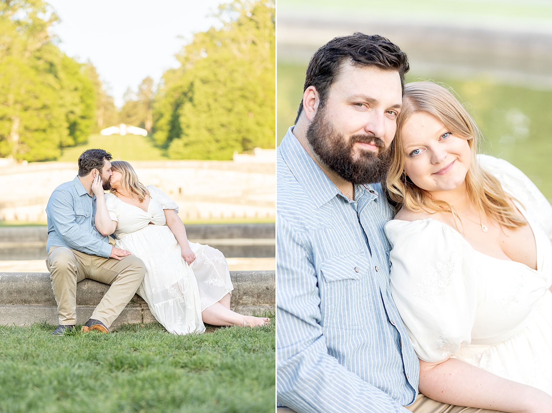 engaged couple sit together by fountain