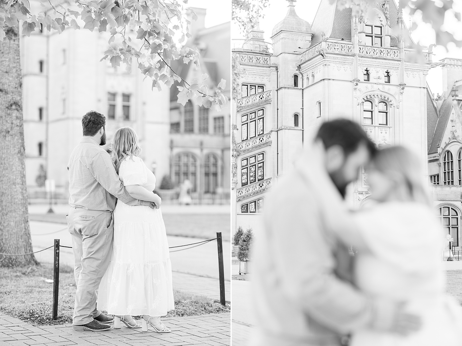 couple lean in together during spring engagement
