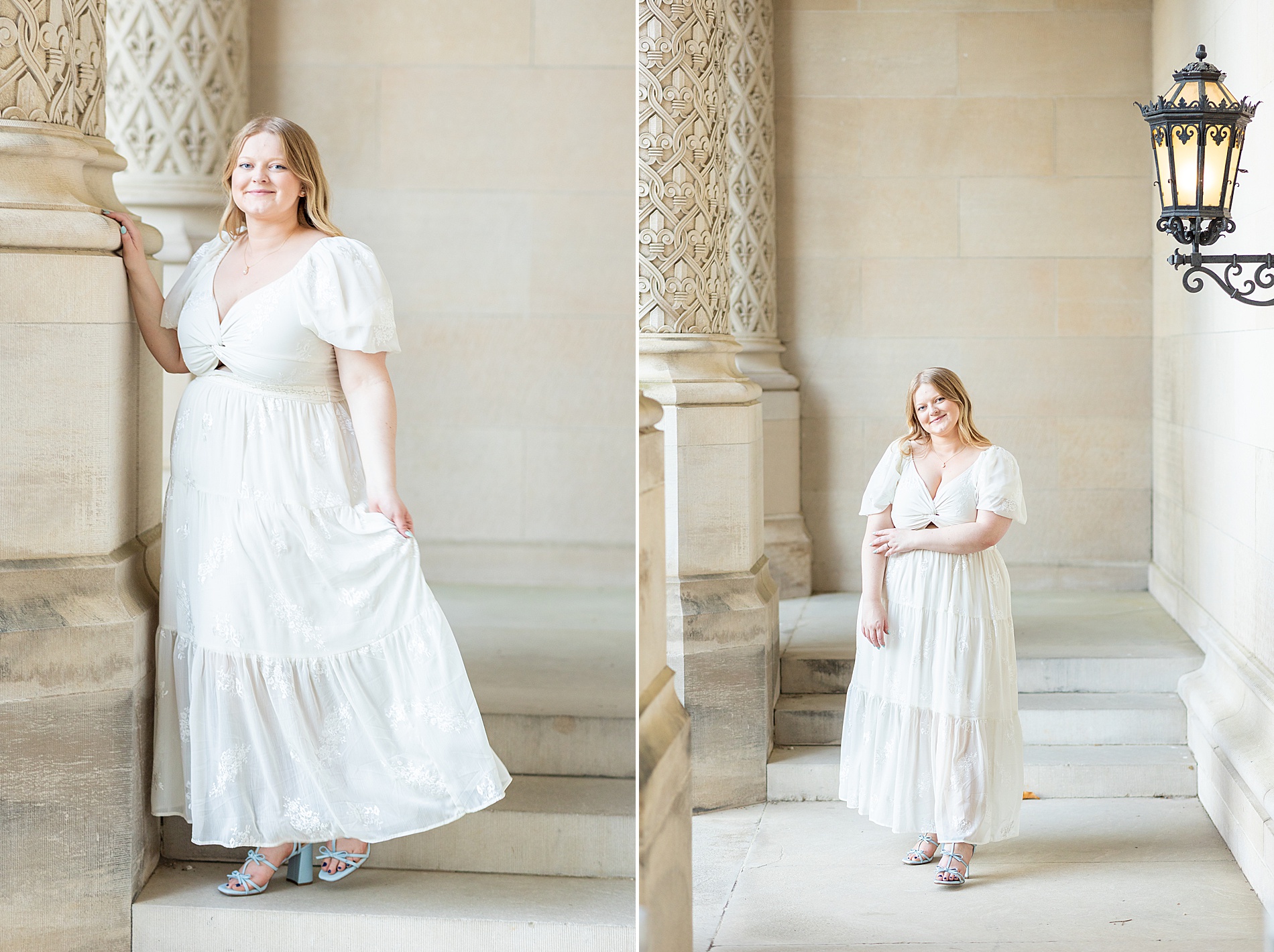 woman in cream dress during engagement photo