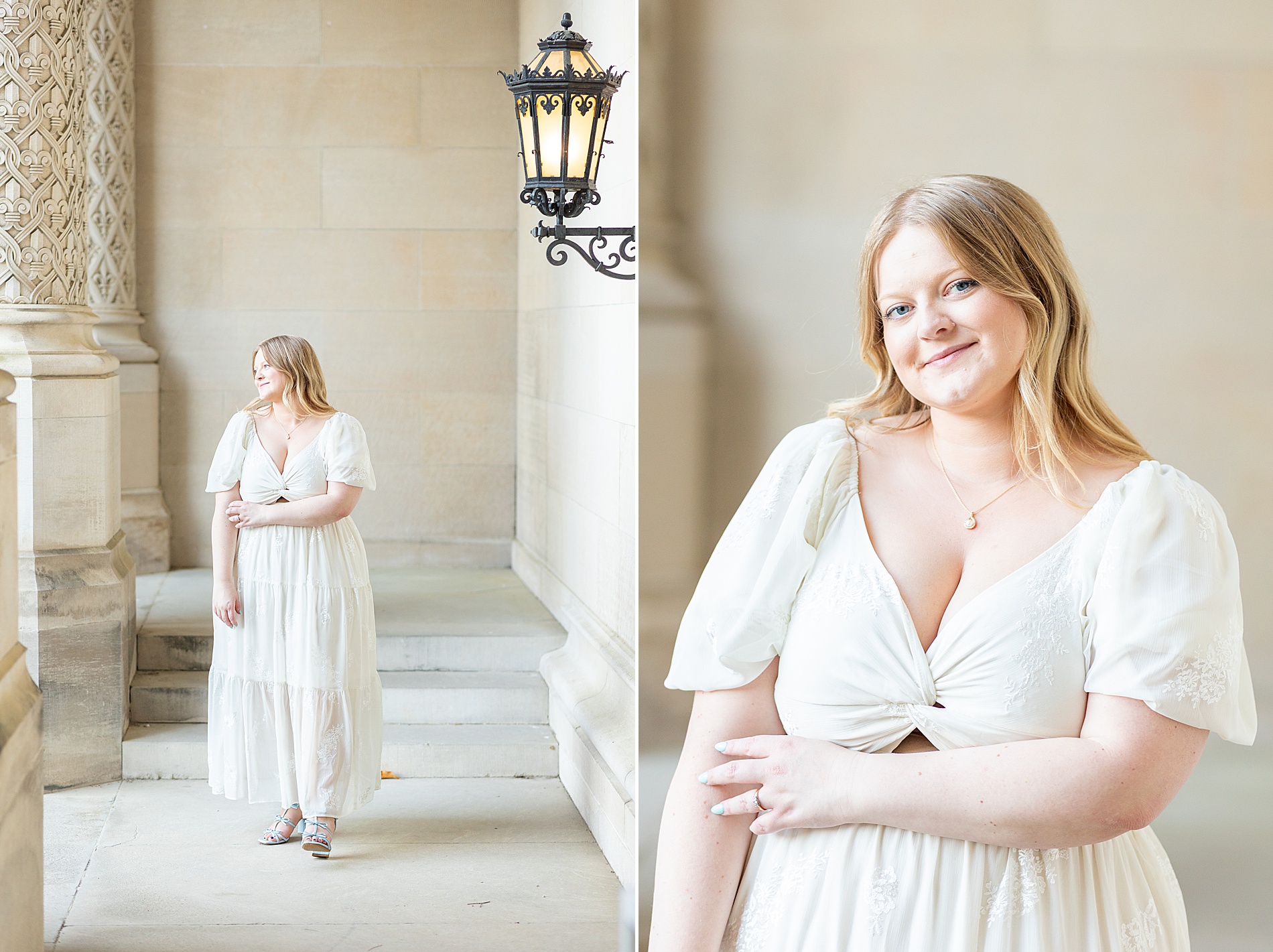 woman in cream dress at Biltmore Estate in Asheville, NC