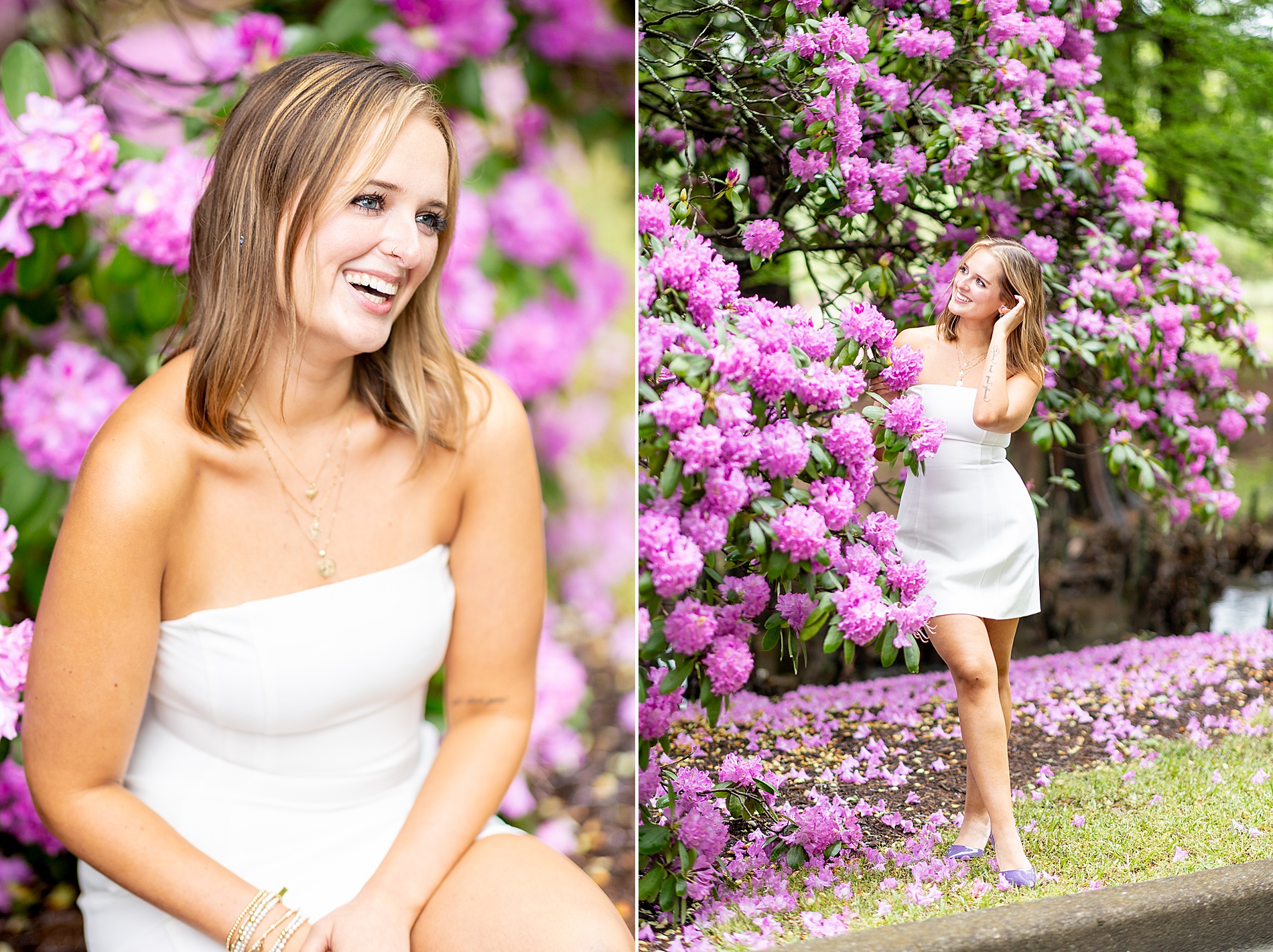 Spring College Grad Session surrounded by pink flowers