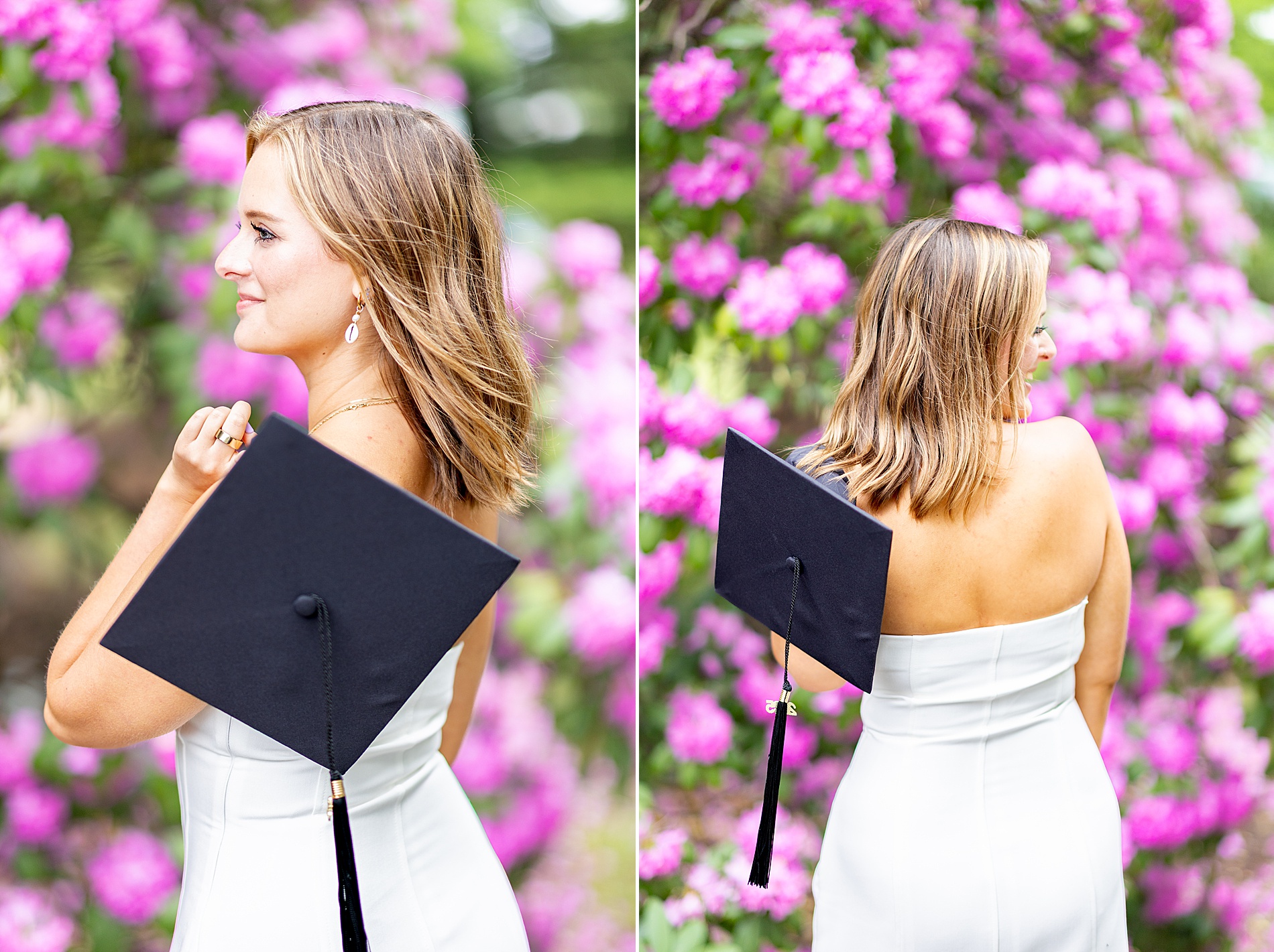 college grad holds cap over shoulder
