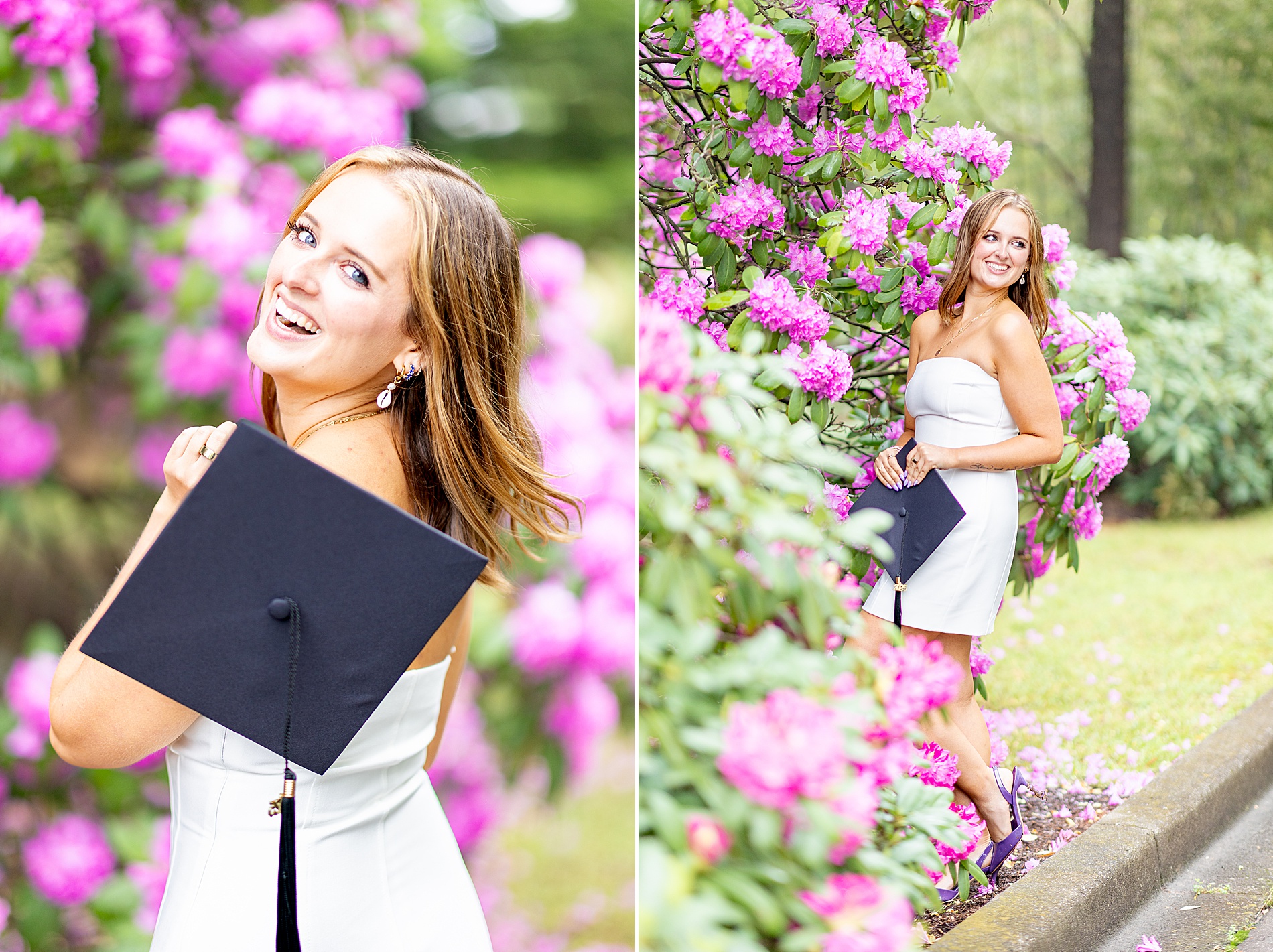 woman stands by pink blooms in Greenville, SC at Furman University