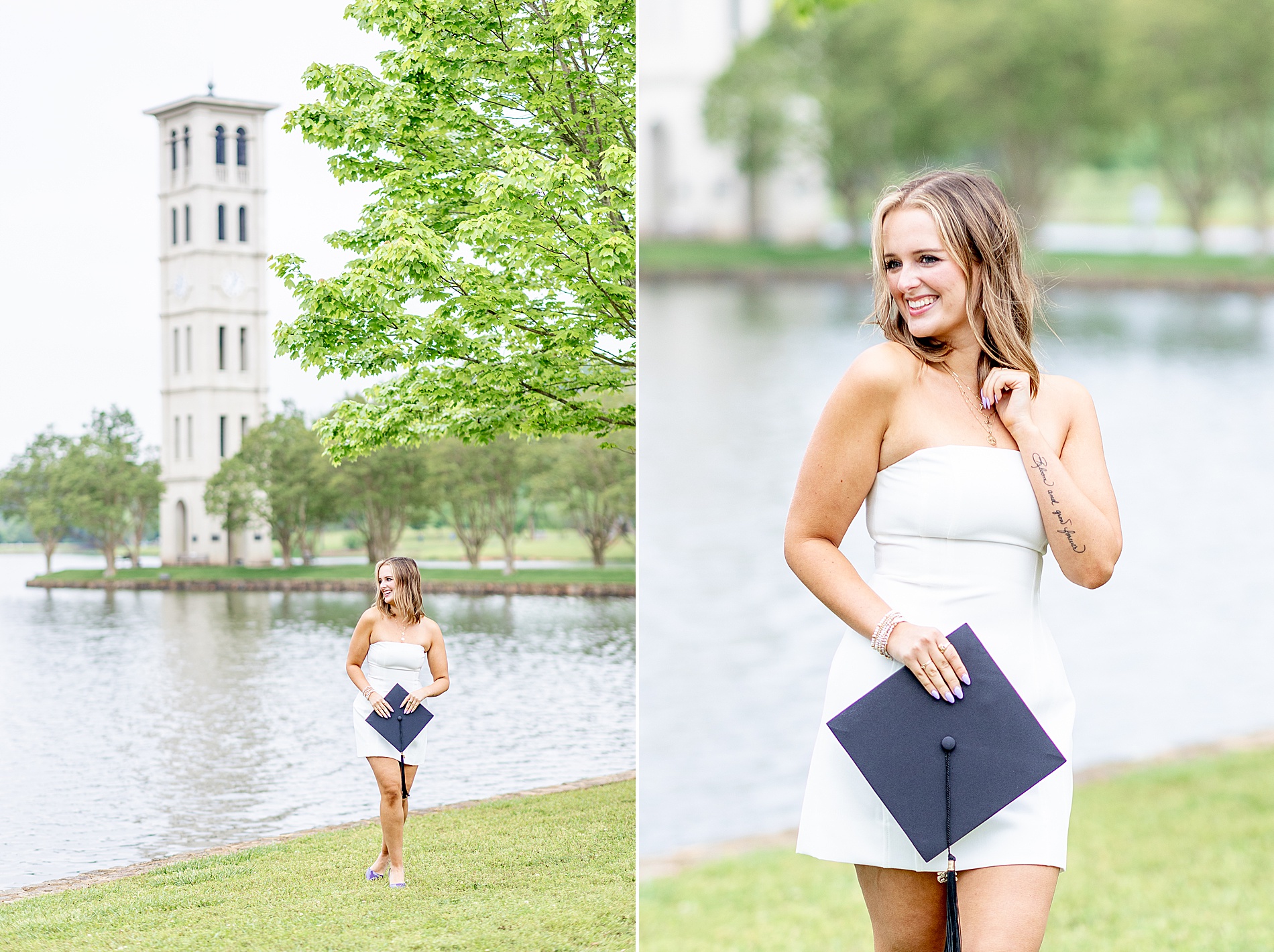 college grad holds cap and stands by lake on college campus