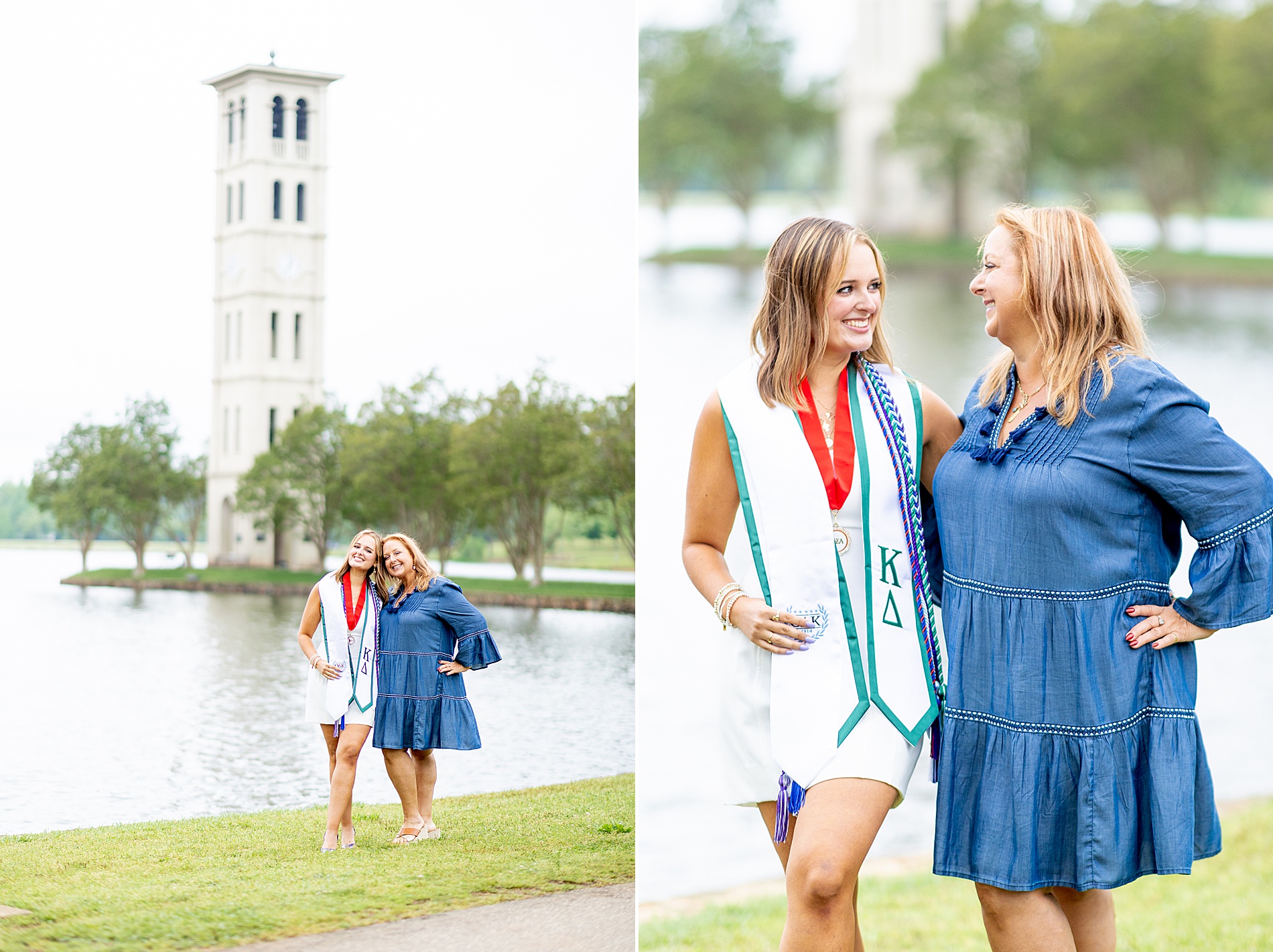 college graduate woman stands with her mom