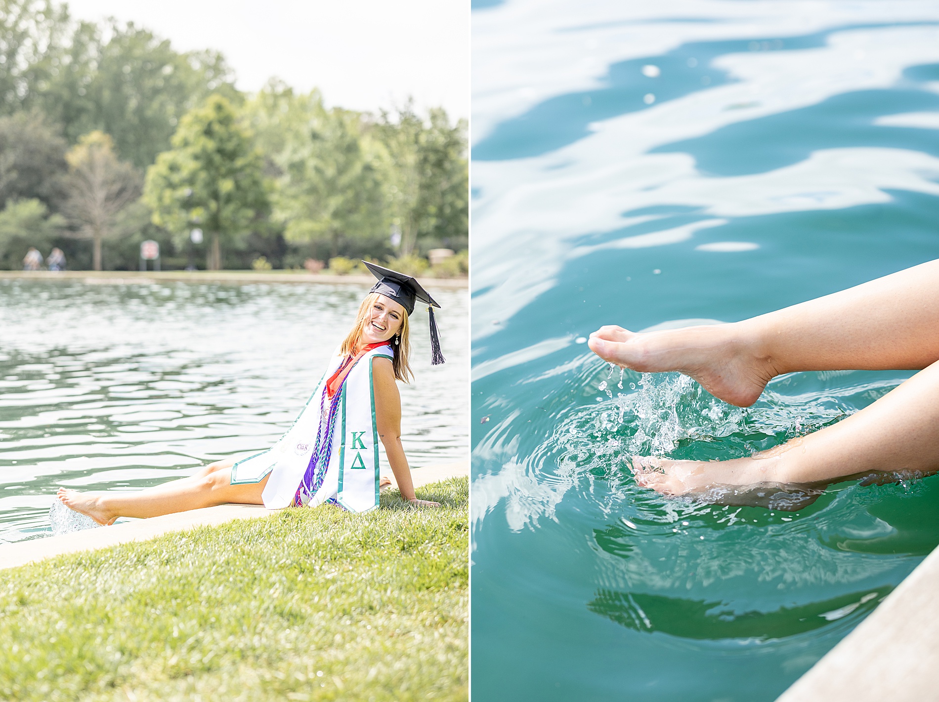 woman splashes feet in water during Furman University Grad Session