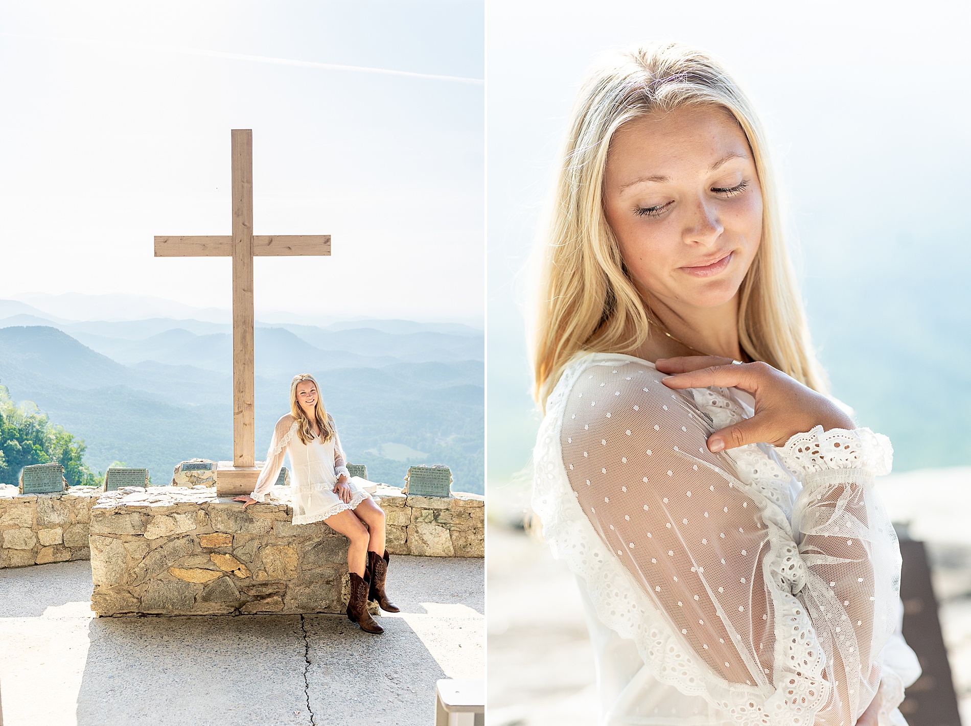 senior in white dress sits by wooden cross at outdoor chapel in Greenville SC