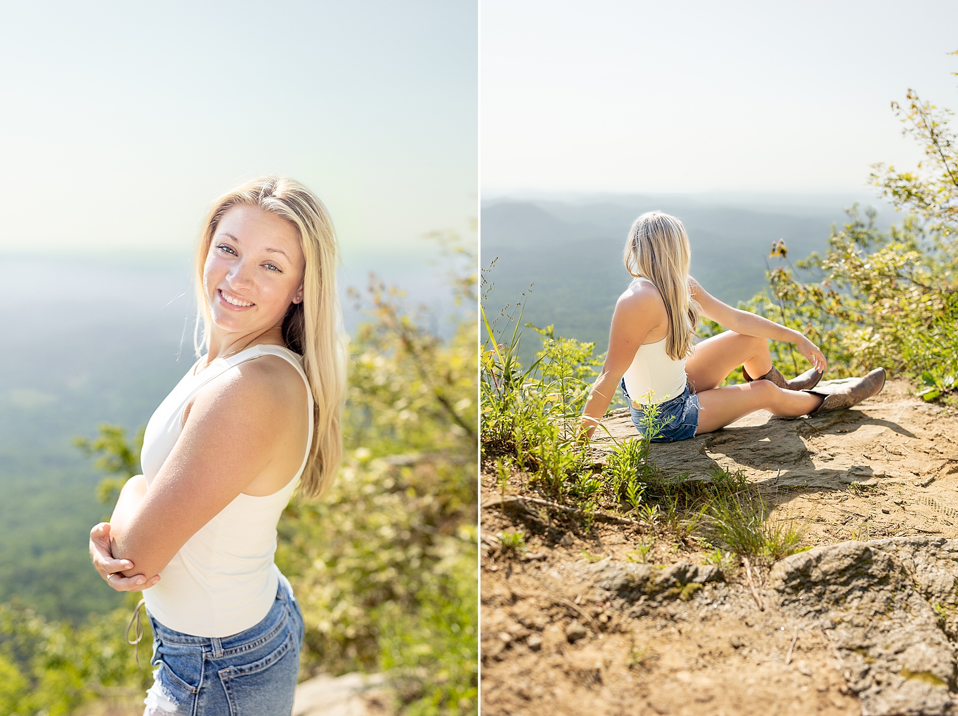 senior sits on rocky ledge and takes in view of Blue Ridge Mountains during Sunrise Senior Session