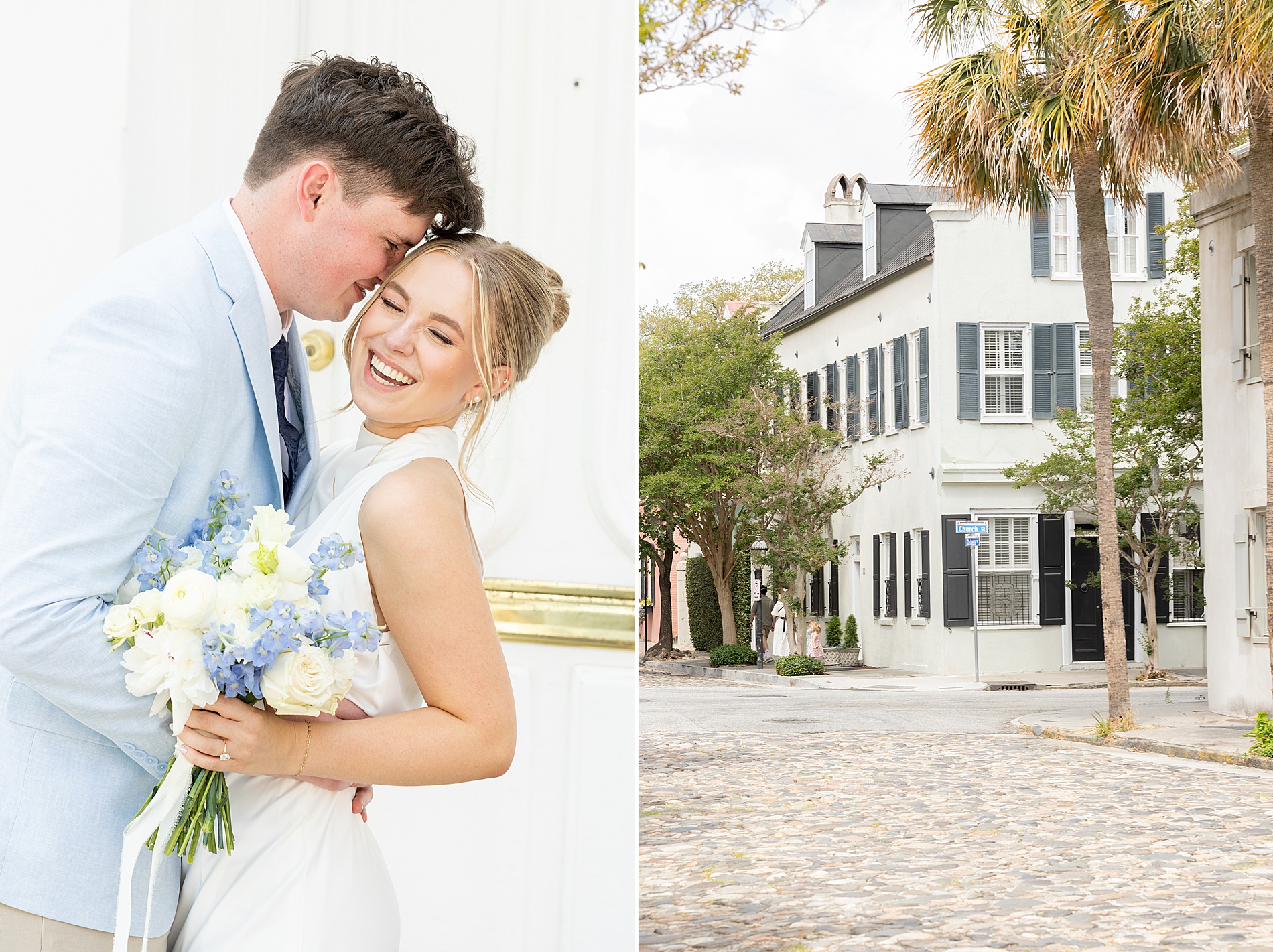 candid engagement portraits on the cobblestone streets of Charleston
