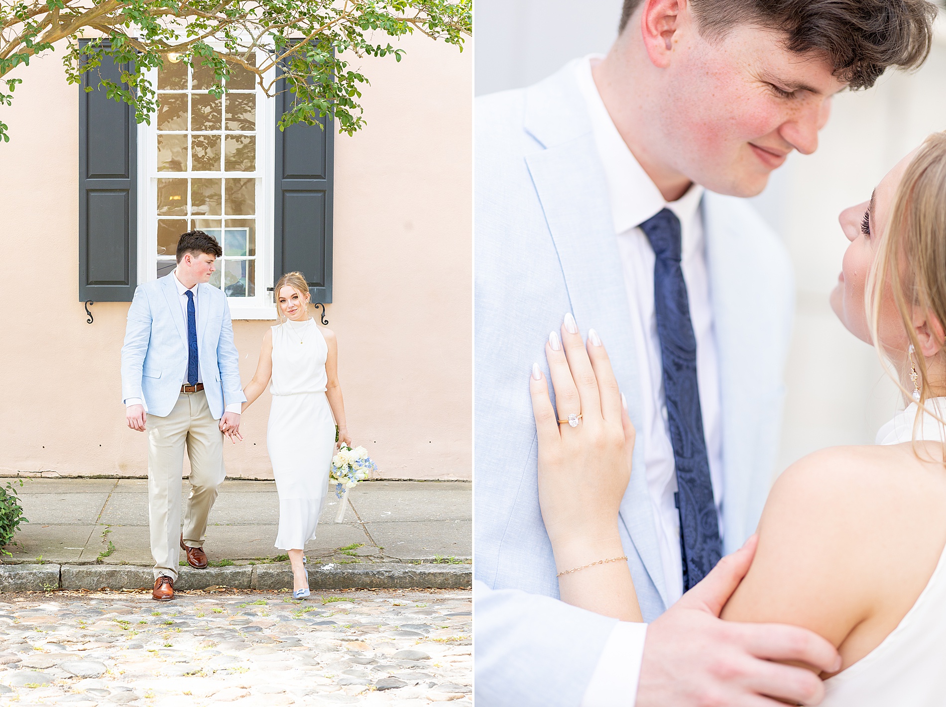 engagement session on the cobblestone streets in Charleston