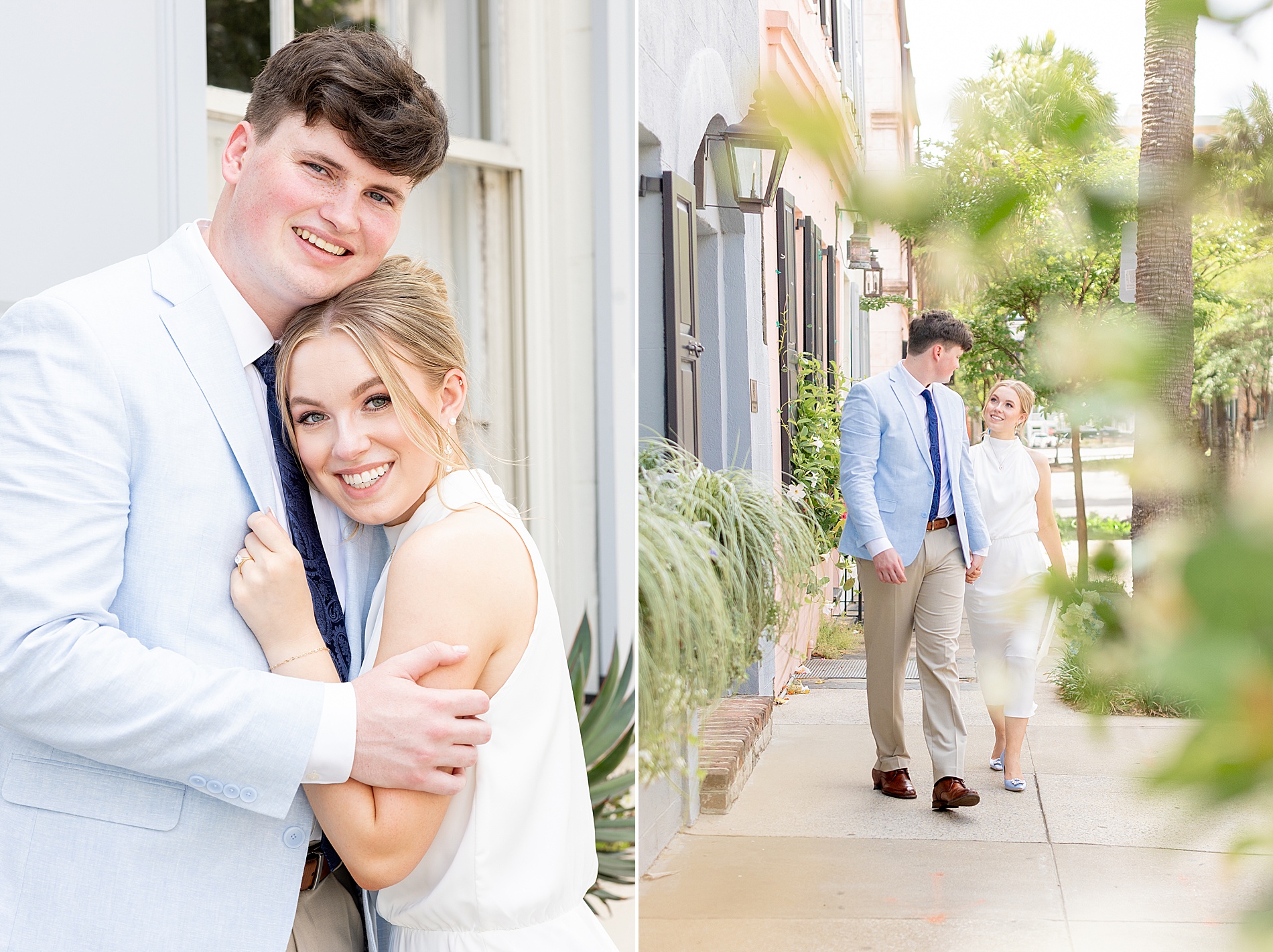 engaged couple walk together holding hands