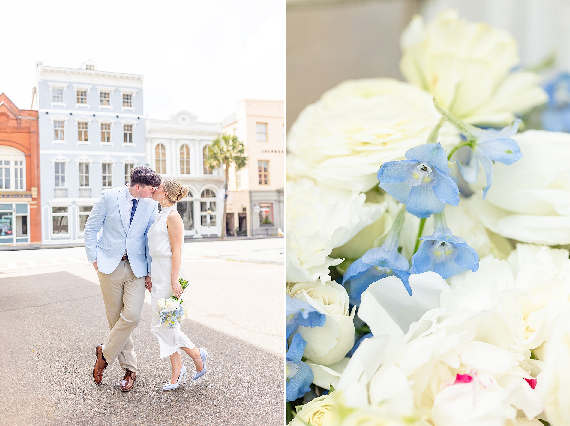 couple kiss in street in Charleston, SC