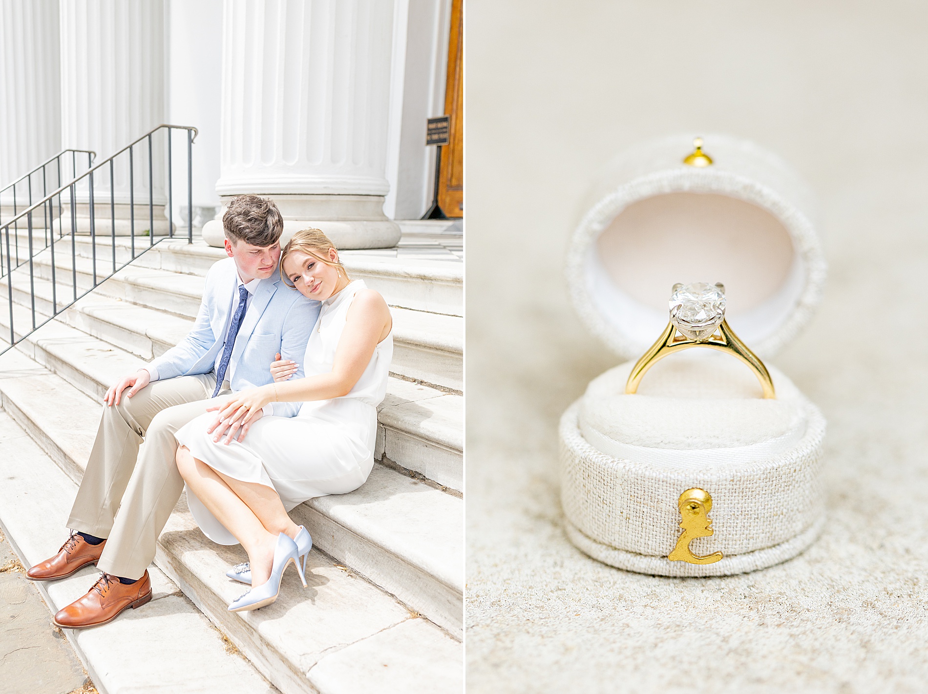 engaged couple sit on stairs