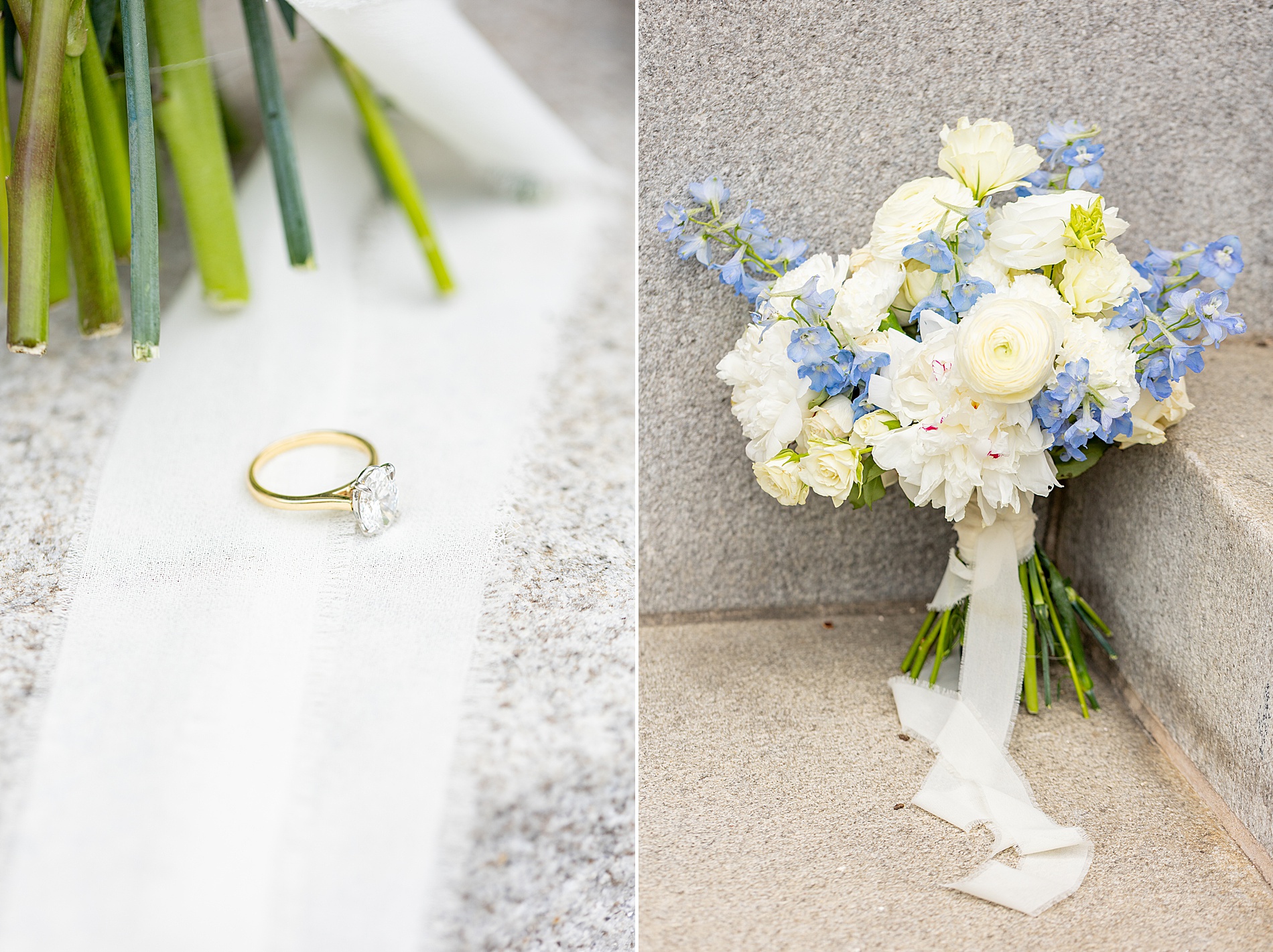 engagement ring and soft floral bouquet
