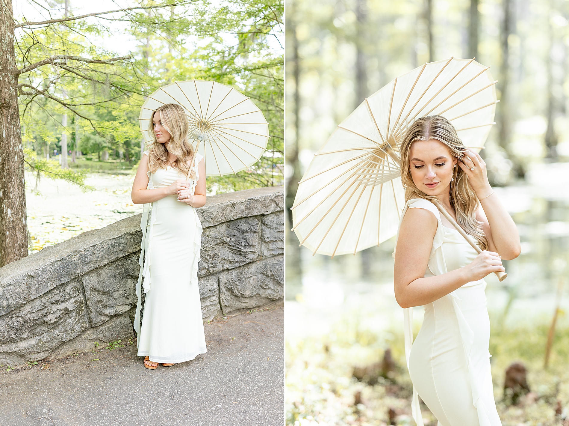 woman in white dress holds stylish umbrella during engagement session