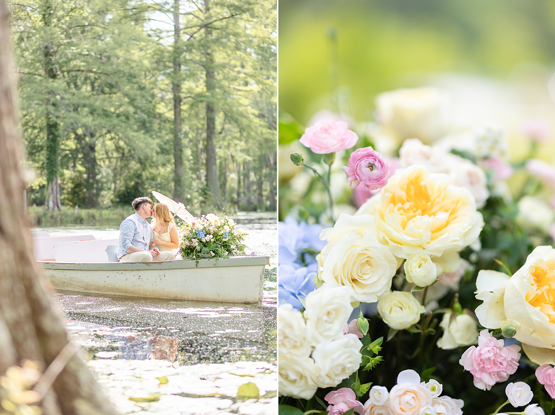 soft florals decorate boat as couple float