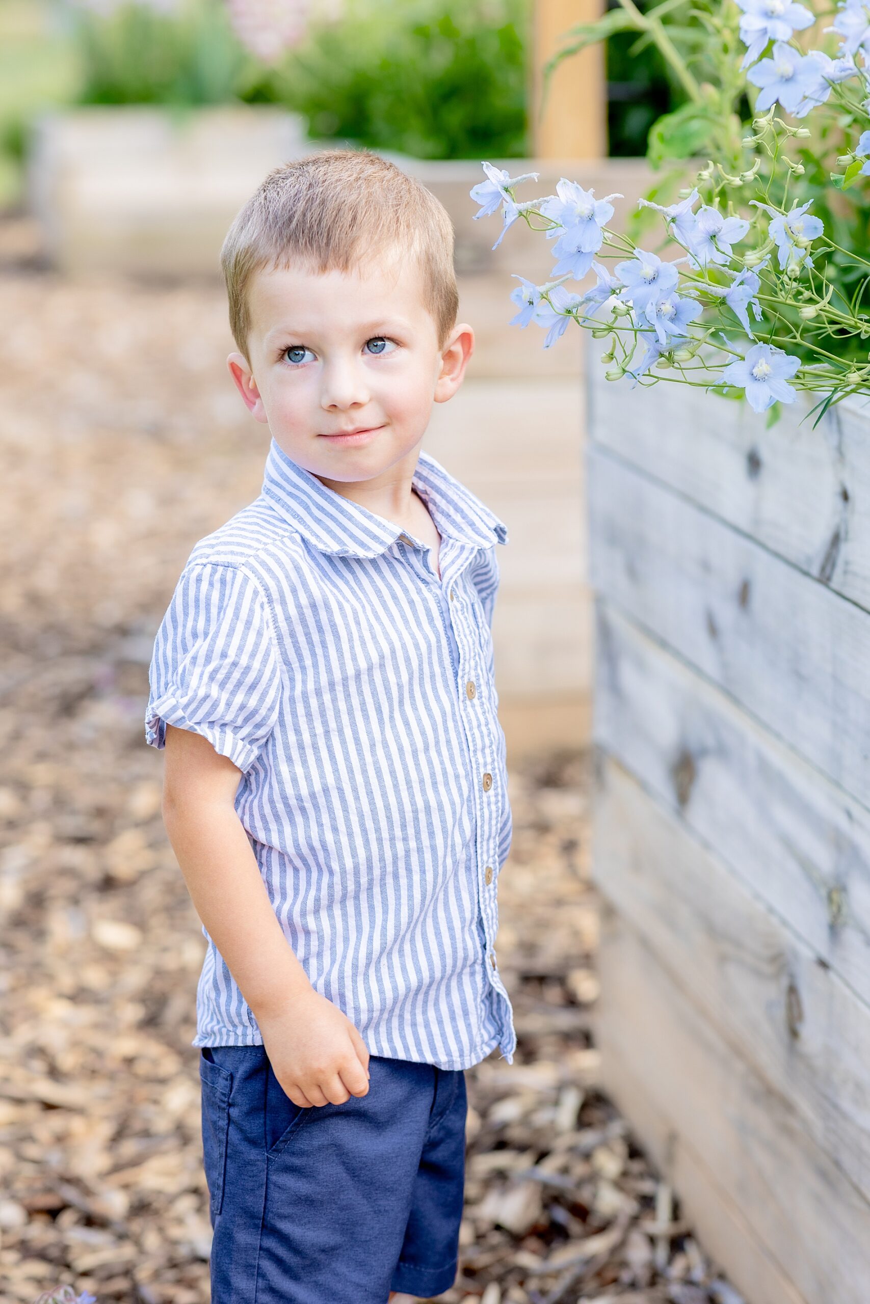little boy in blue and white striped shirt 
