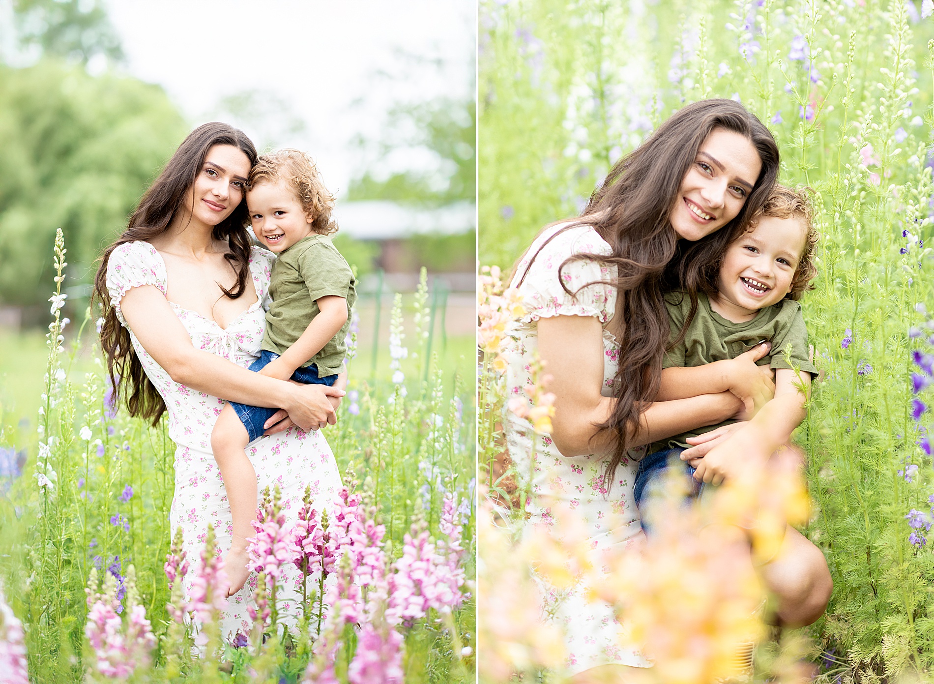 mother and son in field of flowers at Rabbit Crest FArms