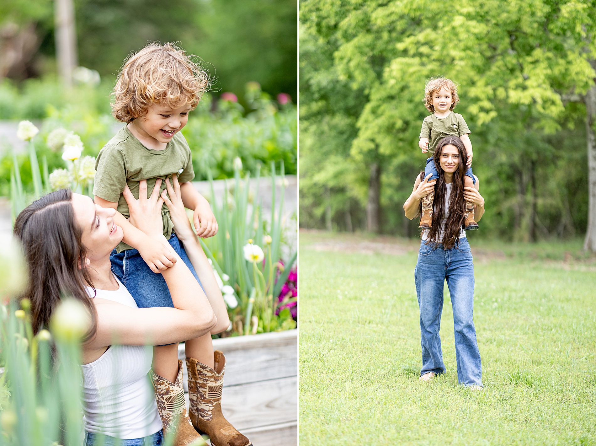 mom holding her son up during spring family mini session in Greenville, SC