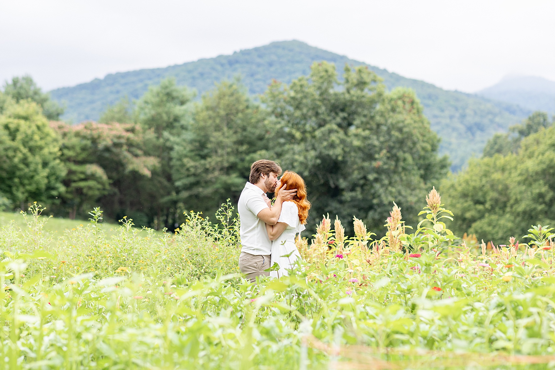 couple kiss in field with Blue Ridge Mountains in the background