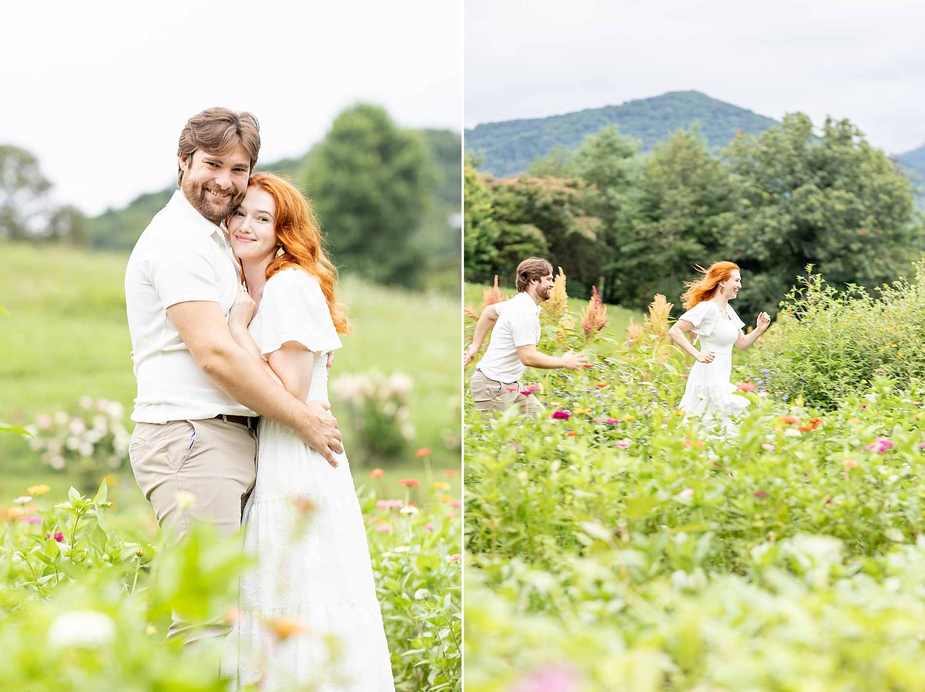 couple running through field of flowers in Asheville, NC 