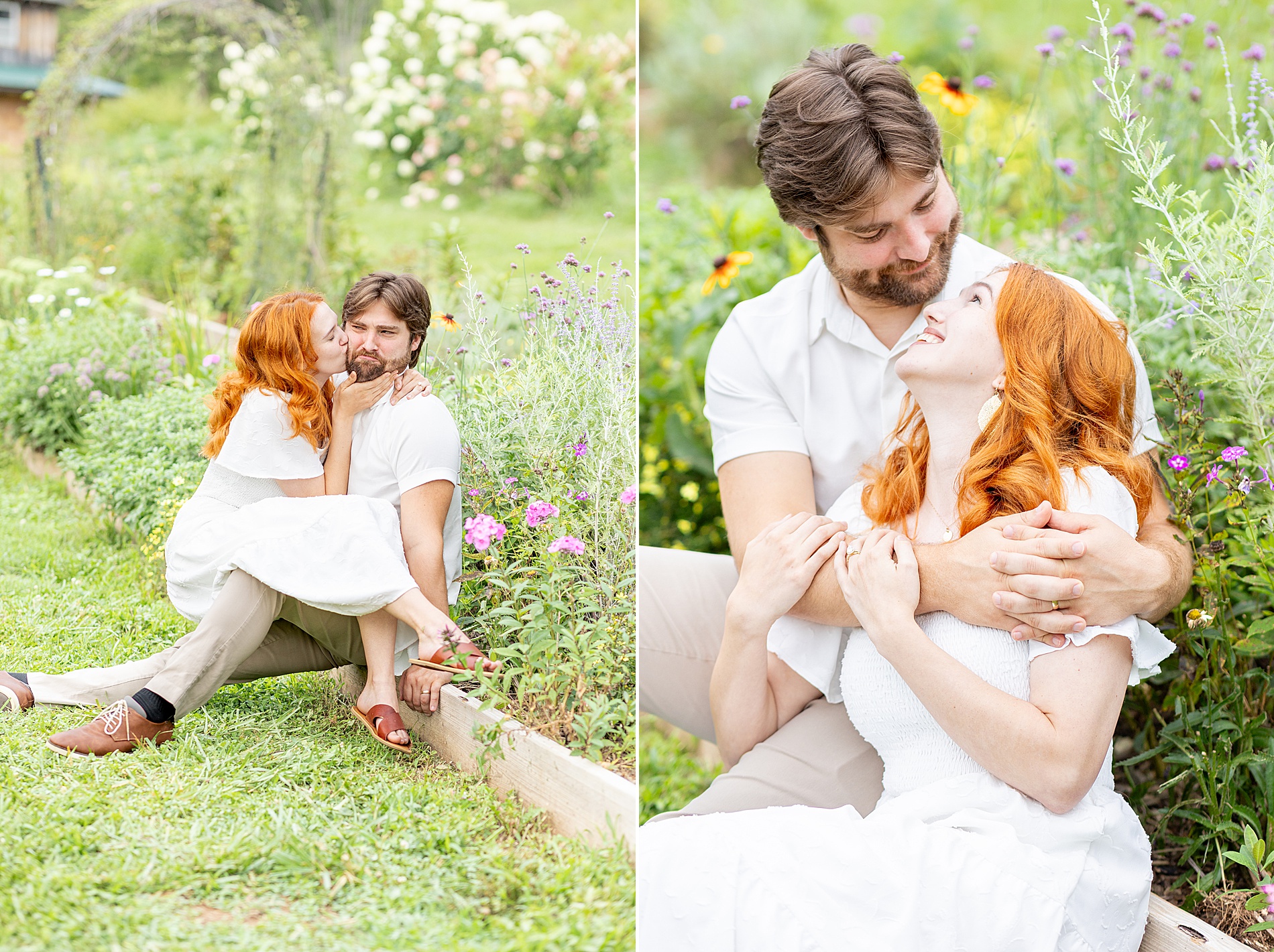 couple sit next to flowers 
