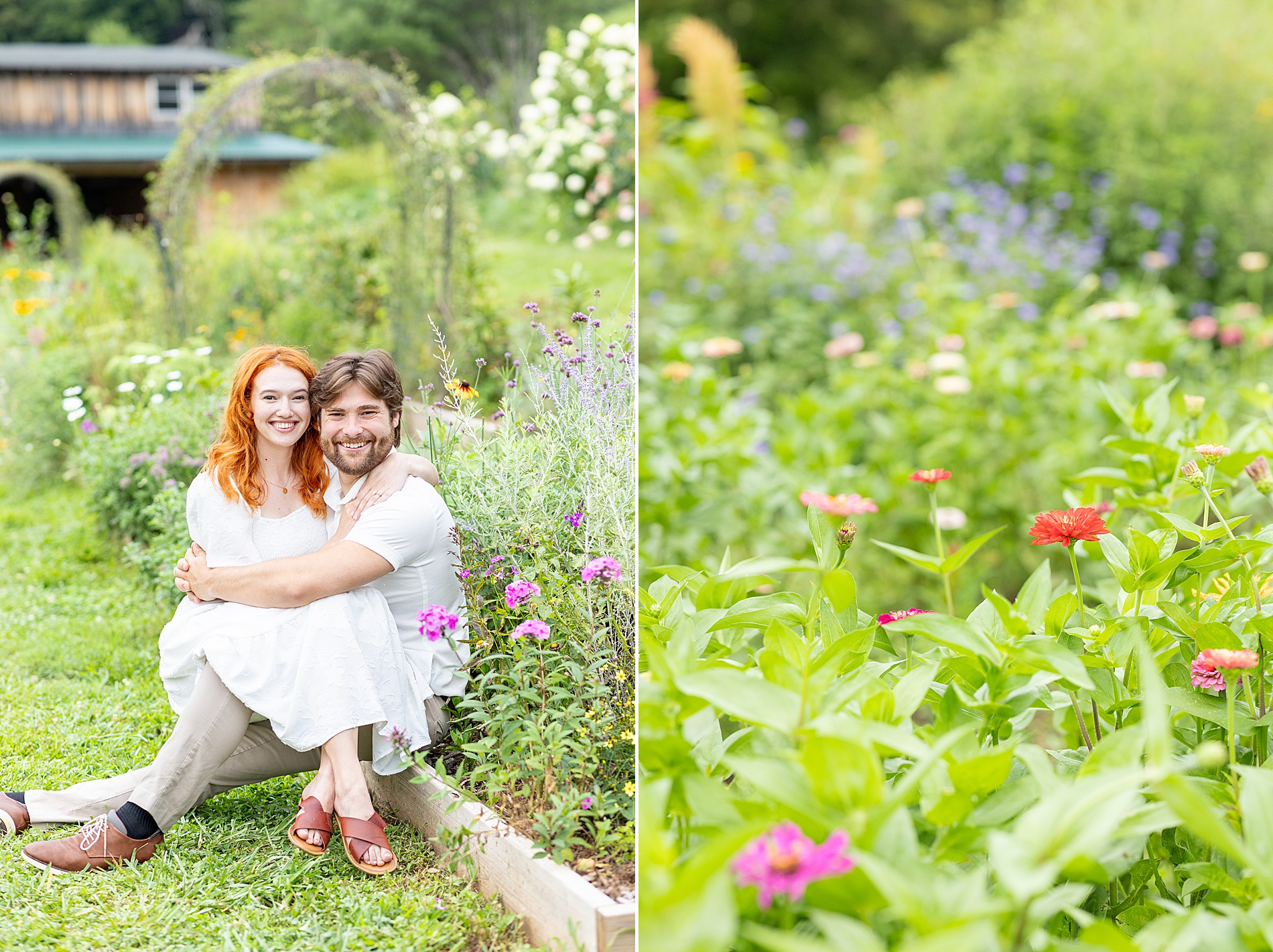 couple sits together in field of flowers 