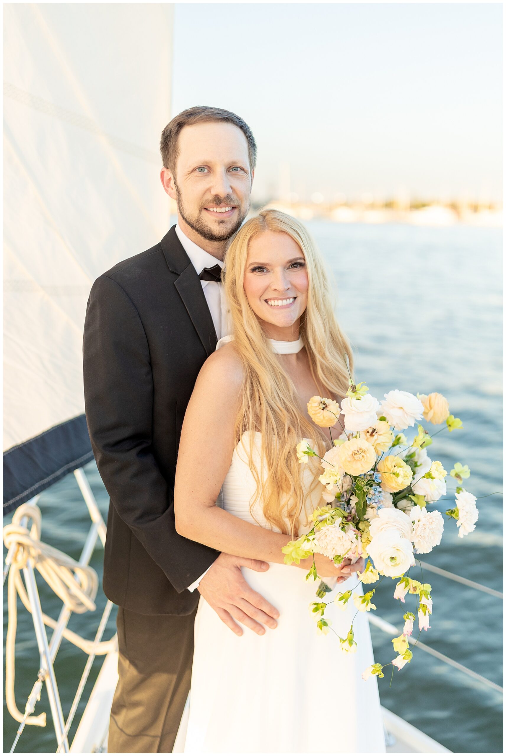 Charleston Harbor Wedding Portraits on a Sailboat