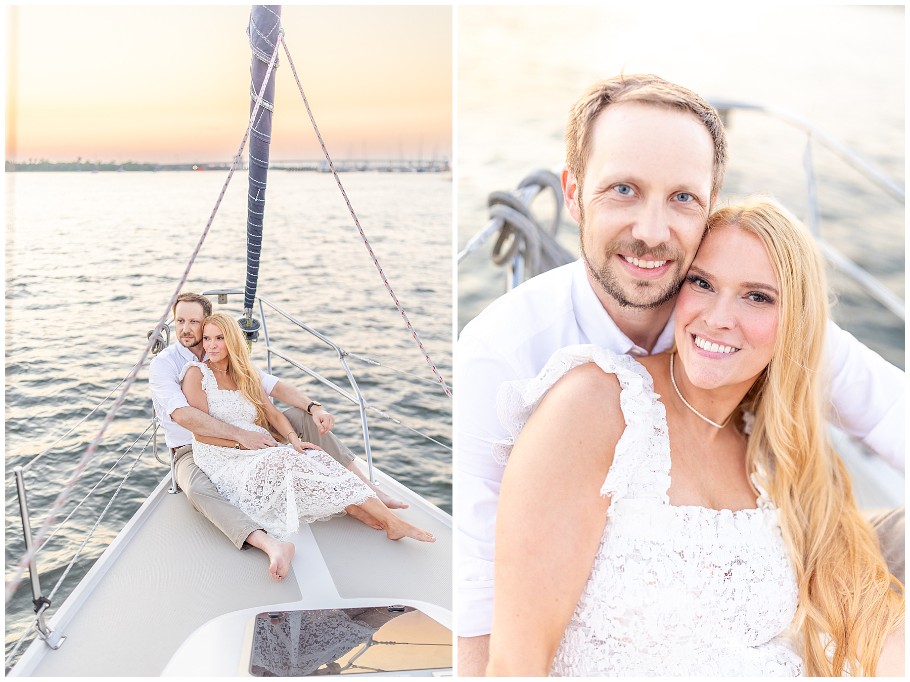 bride and groom sit a the front of sailboat together during wedding photos 