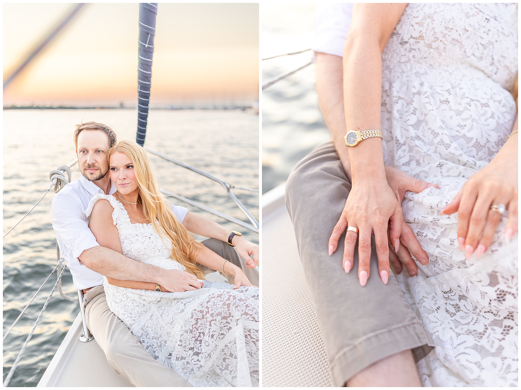 couple sit together on sailboat during wedding portraits 