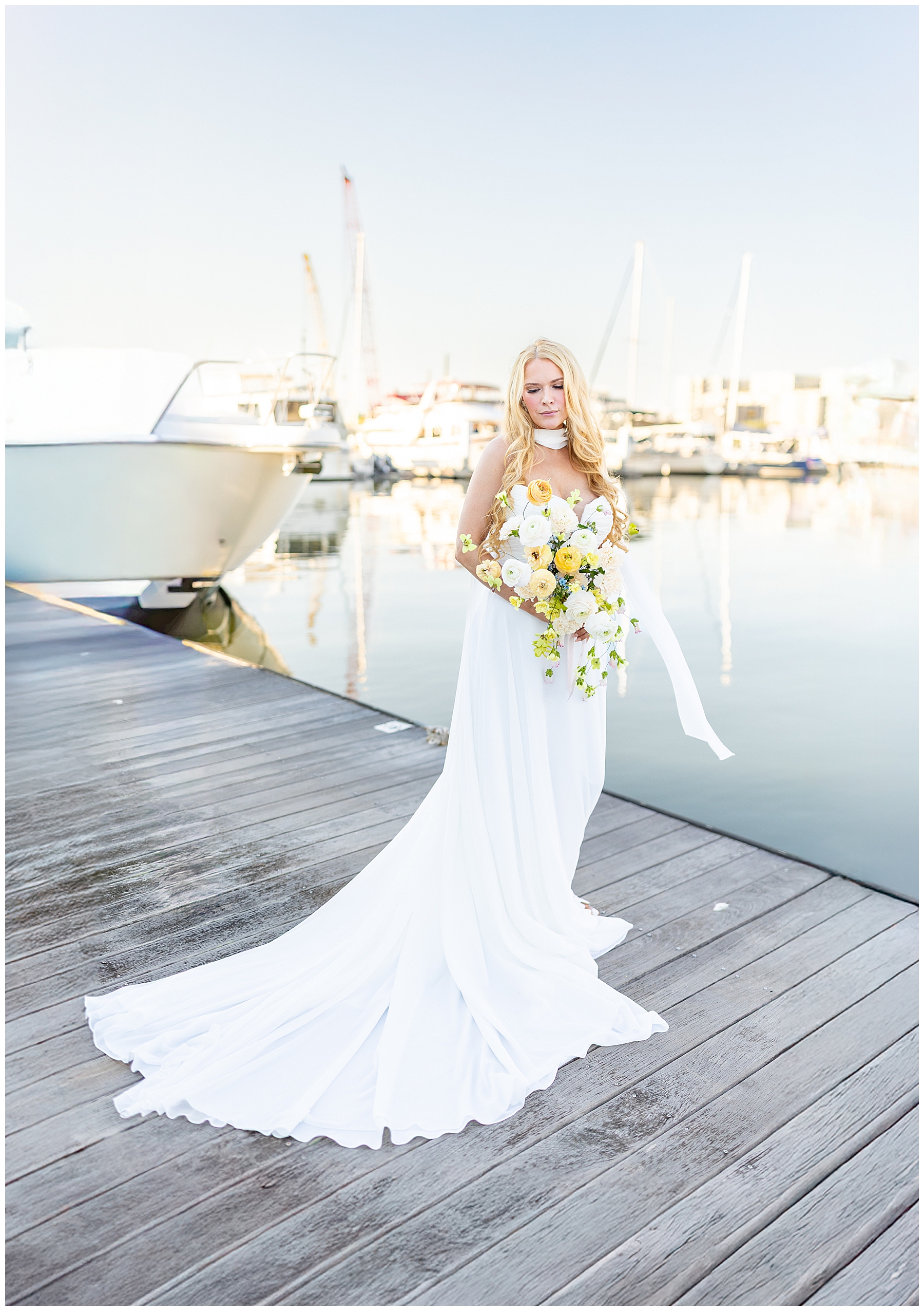 Bride on dock at Charleston Harbor 